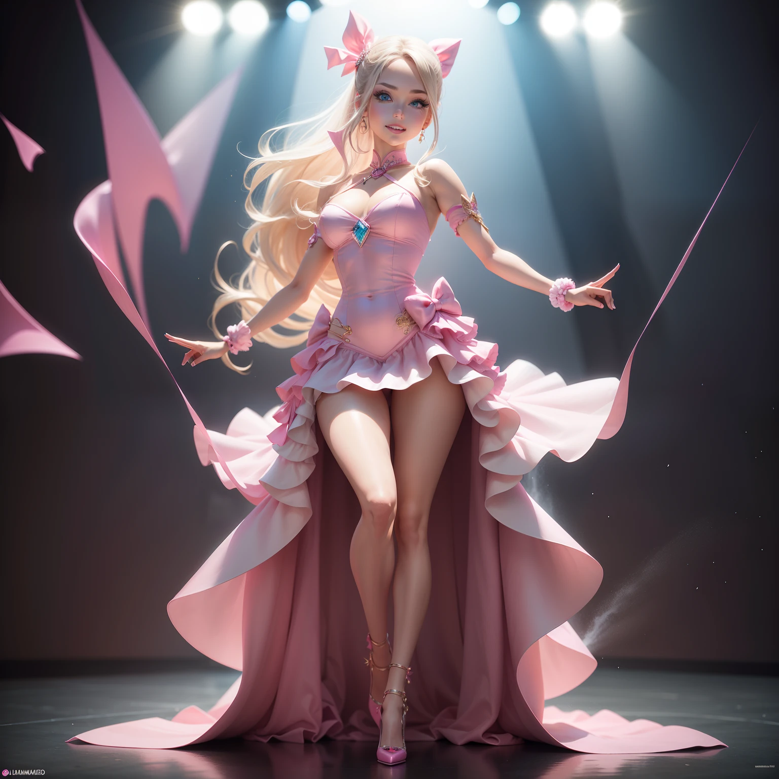One Barbie, ((Full body)),8th class, Blue eyes, Smiling face, Hair loss swaying in the wind, Hip Hop Singer Pose, Dressed in hip-hop style, Wear a pink super long dress,swarovski,pasties,With a pink bow on the arm, Fashion, Extremely high quality, high details, 8K, clean back ground, in studio, ((Full body shot)),Align your fingers neatly,Accurate Hand Modeling,wave her hand,