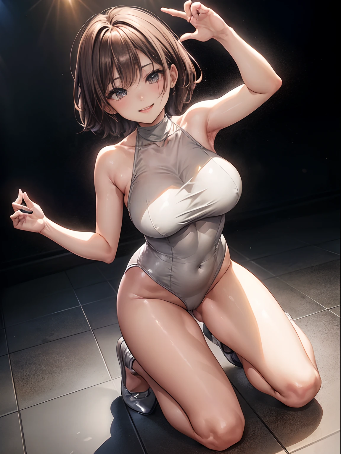 top-quality、Full limbs、complete fingers、One beautiful woman、Beautiful Large Breasts、short-hair、bobhair、Brown hair、Takefuji Dancers、((Glossy light grey high-neck leotard))、Raw feet、Black shoes、A big smile、Dance Classes、Kneeling
