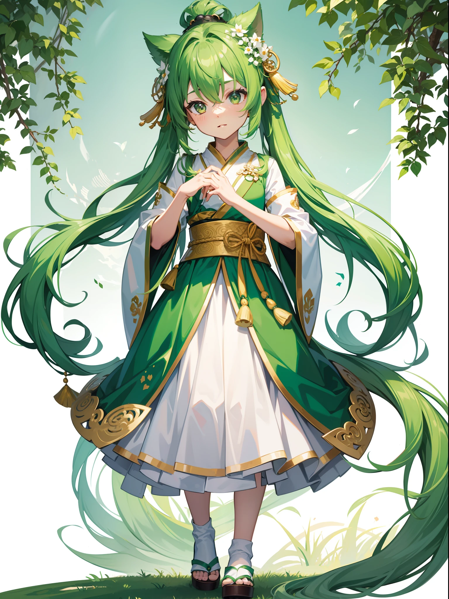 character portrait closeup，sketching，.tchibi，The hair adorns a tree，Kawaii ，green pupills,full bodyesbian，standing on your feet，Emperor costume，Hanfu，green color，Chinese dragon background