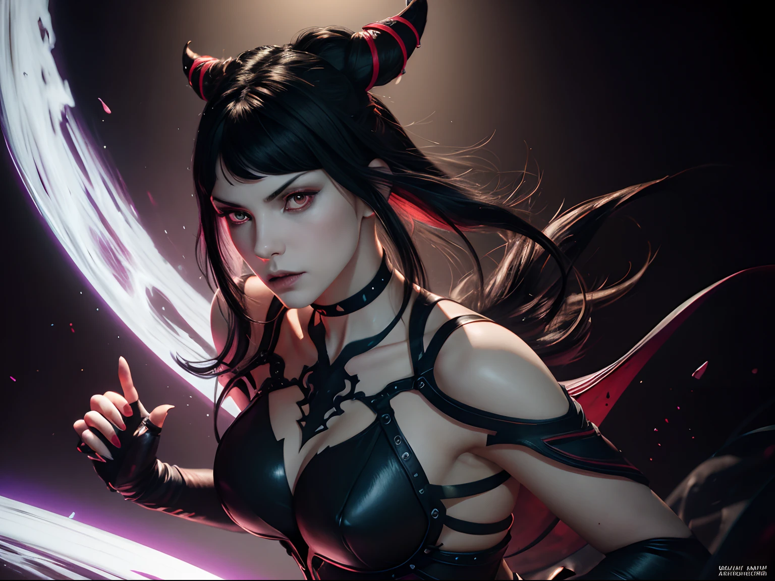 Vampire female, pale athletic young white woman, (black and red background), white hair, long white hair with red streaks, full body, covering, bat choker, hyper detailed painting, luminism, bar lighting, complex, 4k resolution concept art portrait of Greg Rutkowski, Artgerm, WLOP, Alphonse Mucha, realistic little fusion pojatti goth, isometric details bioluminescens fractals - stunning realistic photography