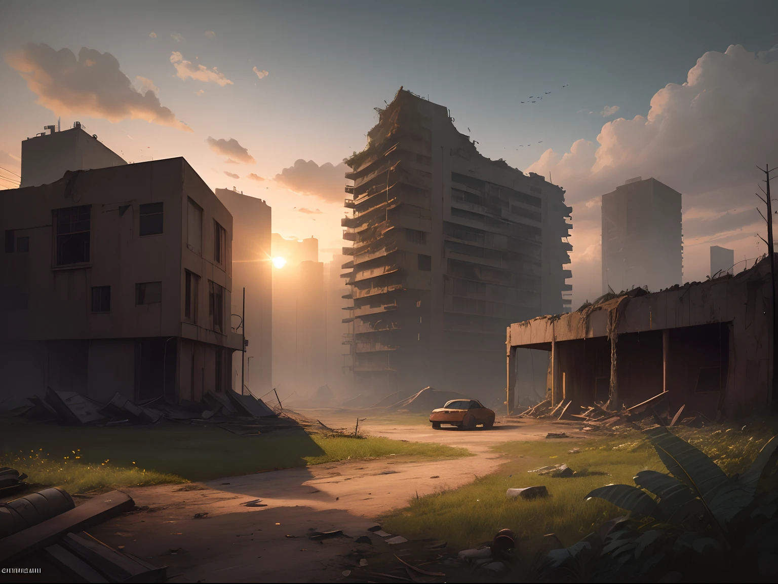 Concept art for a post-apocalyptic world with ruins, overgrown vegetation, setting sun, (1 person), extremely detailed, cinematic lighting.