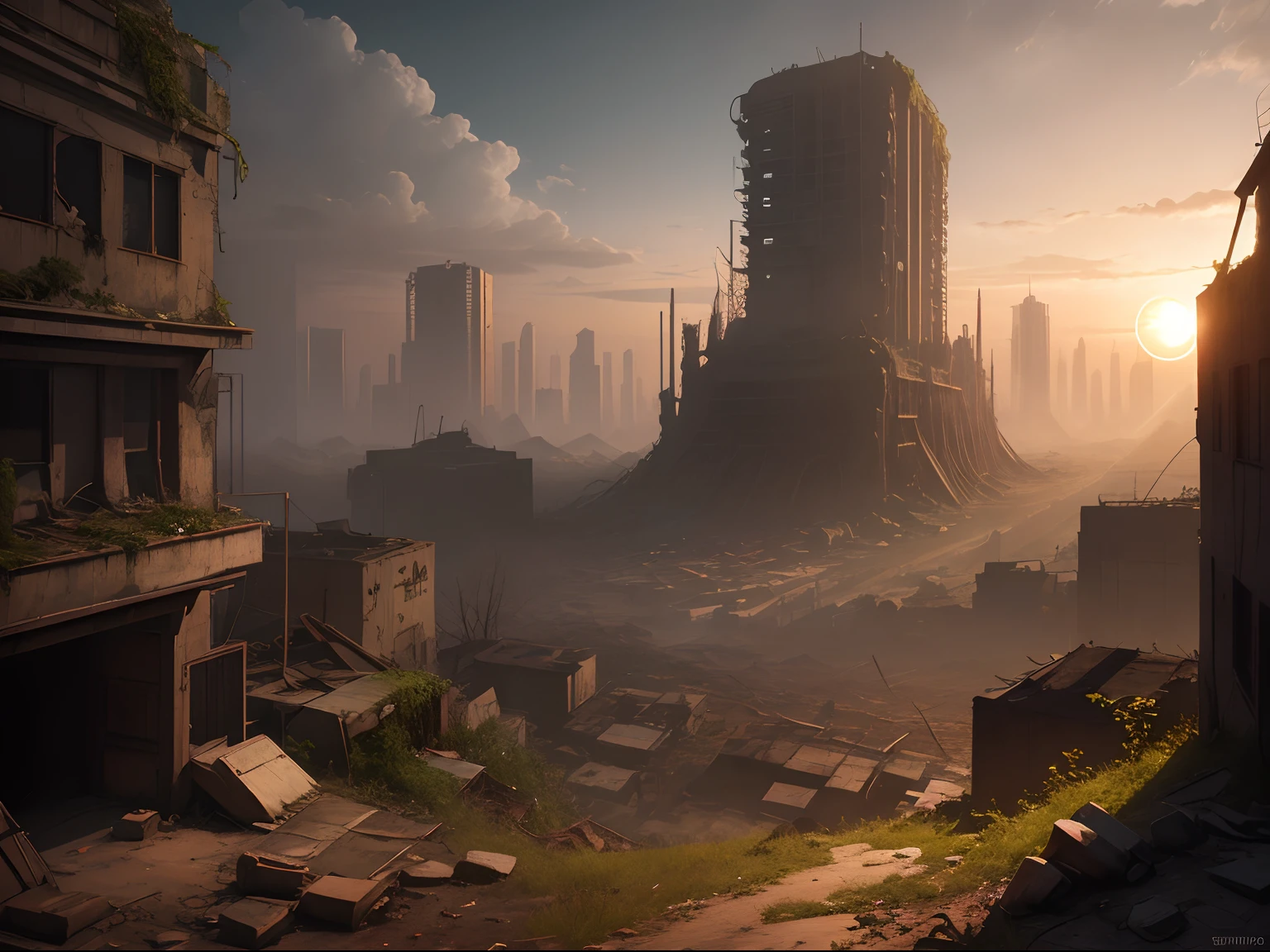 Concept art for a post-apocalyptic world with ruins, overgrown vegetation, setting sun, (1 person), extremely detailed, cinematic lighting.