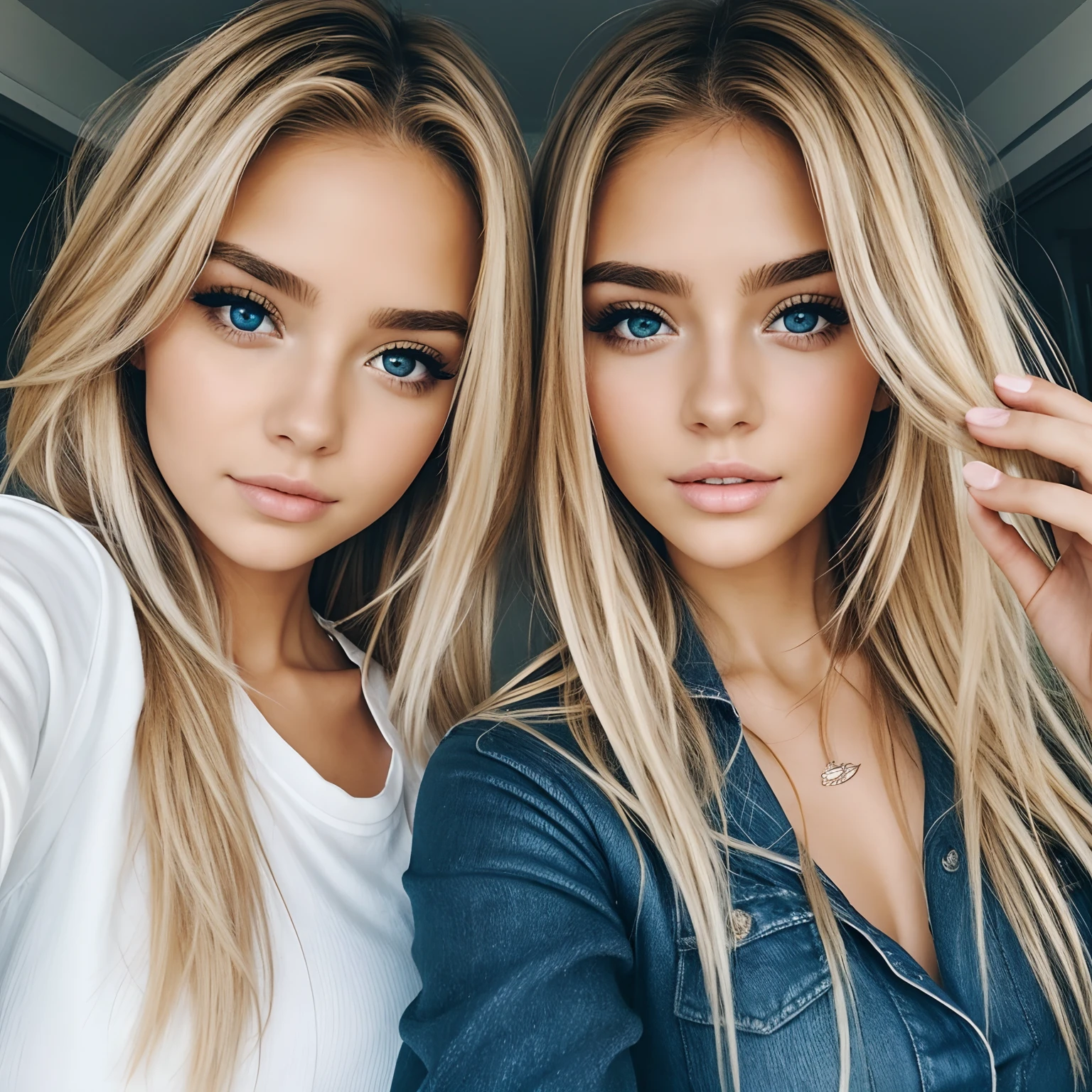 selfie of 2 girls, bkue eye and blonde hair, beautiful face, messy hair