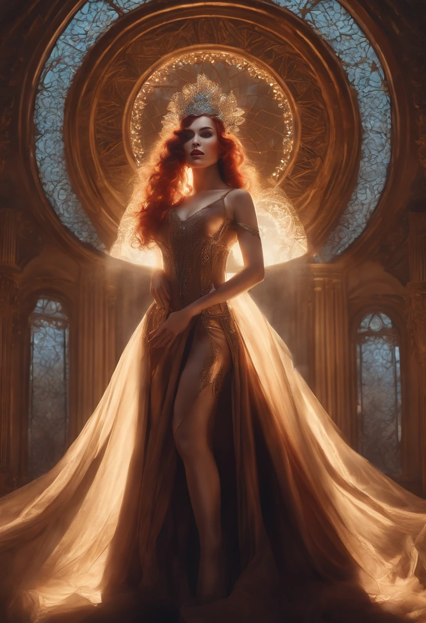 Bettie Page, starfire, Young white girl thin pale, cabelo vermelho, corpo inteiro, capa, pintura hiperdetalhada, luminismo, Bar lighting, complexo, 4k resolution concept art portrait by Greg Rutkowski, Artgerm, WLOP, Alphonse Mucha, little fusion pojatti realistic steampunk, fractal isometrics details bioluminescens : uma fotografia realista impressionante 30 anos , ruiva, Stunning beautiful Italian god with large white flowers Wet bone structure tiara, 3d render, octane render, intrincadamente detalhado, titanium decorative headdress, cinemactic, trending in artstation | isometric | Amazing colorful centered hypereallistic cover photo, hand-drawn, escura, arenosa, realista mucha, klimt, erte .12k, intrincado. hit definition , cinemactic, rough sketch, mistura de linhas escuras ousadas e linhas soltas, linhas ousadas, no papel, corpo inteiro com vestido de veludo, humanoide, corpo inteiro.