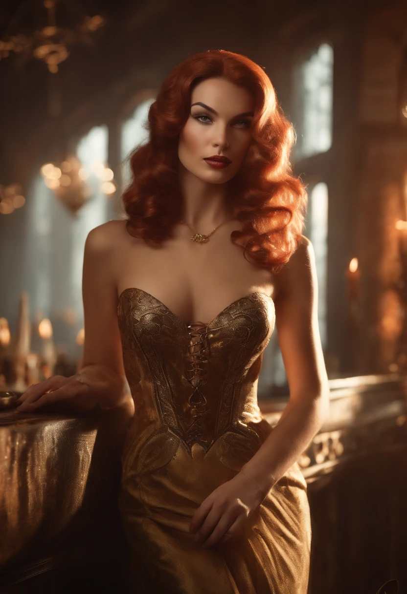 Bettie Page, starfire, Young white girl thin pale, cabelo vermelho, corpo inteiro, capa, pintura hiperdetalhada, luminismo, Bar lighting, complexo, 4k resolution concept art portrait by Greg Rutkowski, Artgerm, WLOP, Alphonse Mucha, little fusion pojatti realistic steampunk, fractal isometrics details bioluminescens : uma fotografia realista impressionante 30 anos , ruiva, Stunning beautiful Italian god with large white flowers Wet bone structure tiara, 3d render, octane render, intrincadamente detalhado, titanium decorative headdress, cinemactic, trending in artstation | isometric | Amazing colorful centered hypereallistic cover photo, hand-drawn, escura, arenosa, realista mucha, klimt, erte .12k, intrincado. hit definition , cinemactic, rough sketch, mistura de linhas escuras ousadas e linhas soltas, linhas ousadas, no papel, corpo inteiro com vestido de veludo, humanoide, corpo inteiro.
