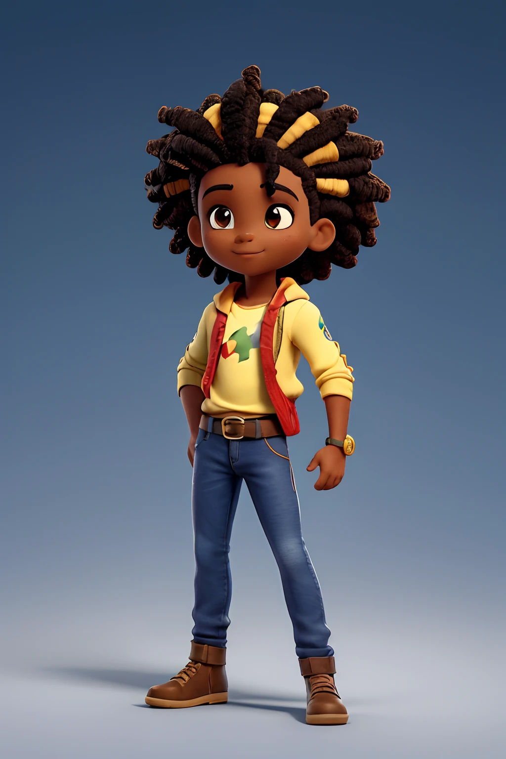 Create an image of a black ninja after an apocalypse in the future, afro cabelo caindo para frente, Rasta type but braided, corpo inteiro, vestindo um traje indiano ribulo africano corpo inteiro, A realistic 4K phoenix with blue feathers, dourado, cosmico , com uma Moreno, de cabelo afro cabelo caindo para frente, Rasta type but braided, Estilo Art Vista de Corpo Inteiro, plano completo, vista frontal, Vista lateral, vista traseira, de personagem, Multiple views and poses, various points of view, um personagem, corpo inteiro, personagem com menos, estilo de roupa, no mesmo Estilo de cabelo, less Type of footwear, strong full-body vision, plano completo, vista frontal, vista traseira, design de personagem, Multiple views and poses, various points of view, de um personagem, corpo inteiro,, personagem com mesmo, estilo de roupa, no mesmo Estilo de cabelo, same type of footwearThe route follows the cores of the Cape Verde flag. The top is deep blue, simbolizando o oceano que cerca as ilhas. The chest and the central part are white, representando a paz e a unidade do povo cabo-verdiano. The sleeves and legs are red, denoting determination and spirit, do 10 Estrelas Douradas, : Ten gold stars are prominently displayed at the top of the costume, ao longo do peito e ombros, representando as 10 principais ilhas de Cabo Verde. Cada estrela, It is carefully detailed and shines brightly against the background Star Belt A wide belt, also golden, is used in Tribal Details, O traje incorpora elementos tribais discretos em seu design, referencing the cultural heritage of Cape Verde