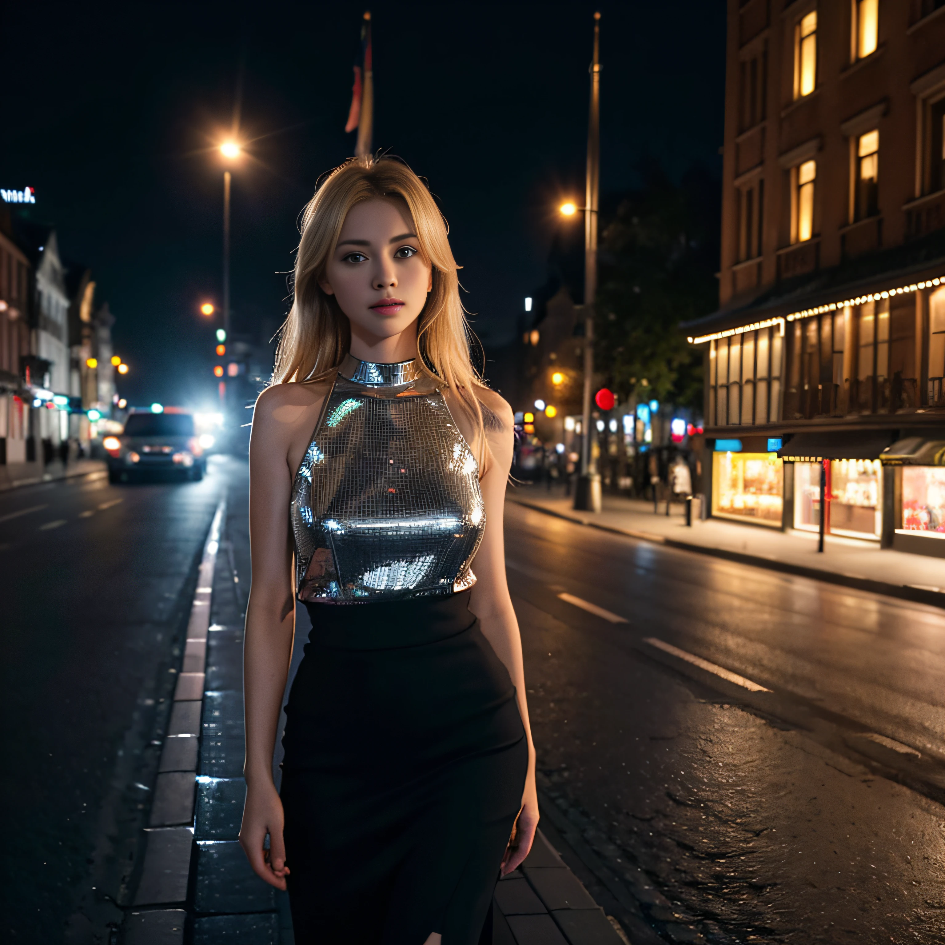(Selfie, Draufsicht: 1.4), (full body), RAW UHD portrait photo of a 24-year-old blonde (Blue-eyed woman) Eine dunkle Gasse entlanggehen, big boobs,, Stadt bei Nacht, (Rock), (Ausschnitt), Details (Gewebe! , Haar! , Glitzer, Farbe!! , Benachteiligungen: 1.1), shiny eyes with high level of detail (Blick in die Kamera), SLR-Beleuchtung, Spiegelreflexkamera, ultra quality, Sharpness, Depth of field, Filmkorn (Mitte), Fujifilm XT3, kristallklar, Rahmenmitte, Beautiful face, Scharfer Fokus, Streetlight, Neonbeleuchtung, bokeh (schwach beleuchtet), Nacht, (Nachthimmel), Detaillierte Hautporen, Oily skin, Sonnenbrand, Komplexe AugenDetails, full entire body