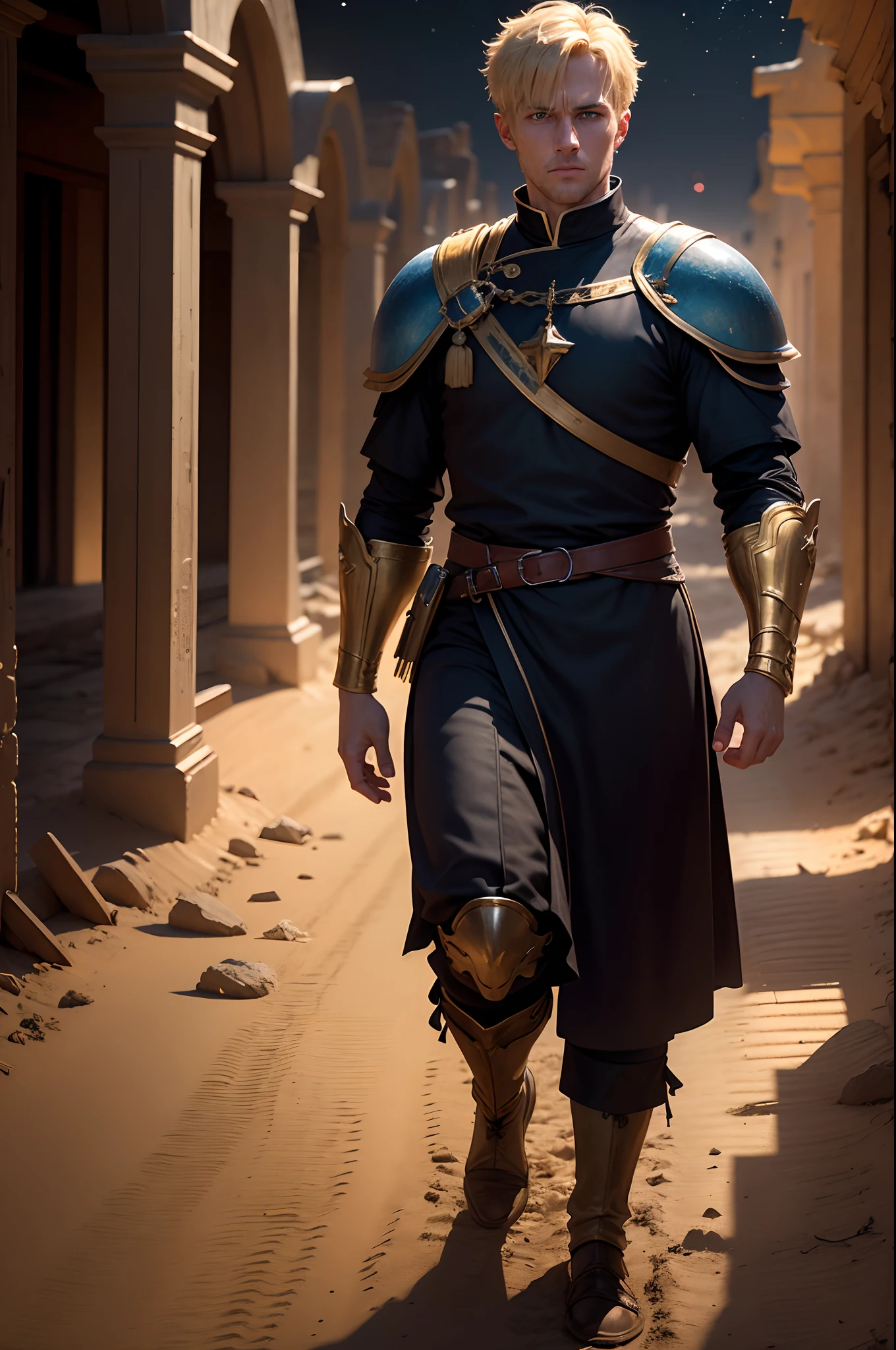 realistic 8k image of a blond man, 30 years old, short hair, strong, extremely detailed blue eyes, square chin, dressed in black cleric clothes and golden shoulder pads, exhausted expression, walking in the small ruins in the middle of a sandy desert , night scene