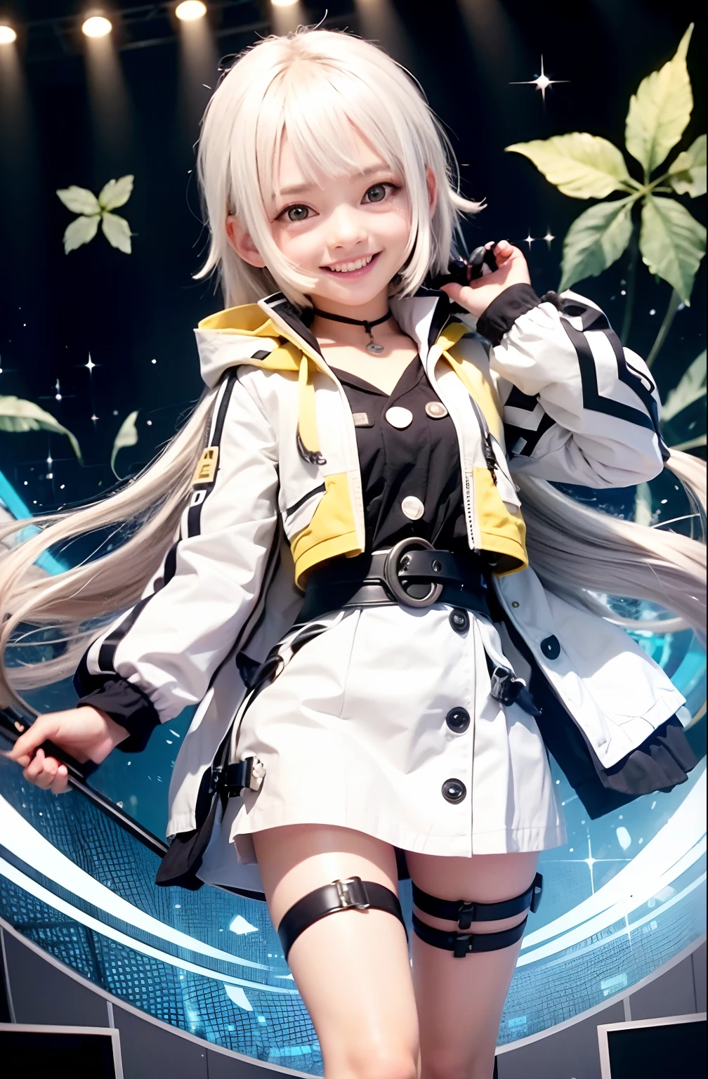Garota, white hair, one eye black, one eye yellow, sorriso mostrando os dentes, HD, 4K, alta qualidade