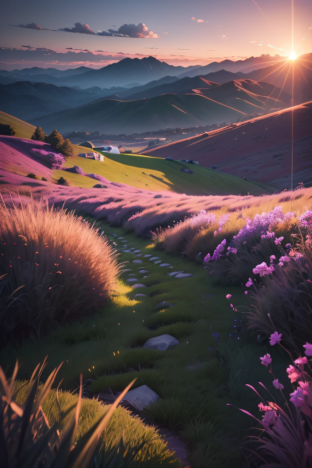 The hillside is covered with grass, Like the steppe,The lens shakes slightly,The sky will be black,the sunset,Sunset taillights appear purple sky,Grayish blue,Grayish pink,The long grass swayed with the slow rhythm of the wind,There was a man sitting quietly on the grass enjoying the wonderful scenery,first person perspective,Ultra-clear details,photography of + Bokeh +Surreal,surreal dream landscape, highly detailed,Hyper-detailing,cinmatic lighting,Dream scenes,Dark,It's getting dark,nigth,4K分辨率,(Contrast ratio 6.3),(Color 7.3)(Darkness 9.6)