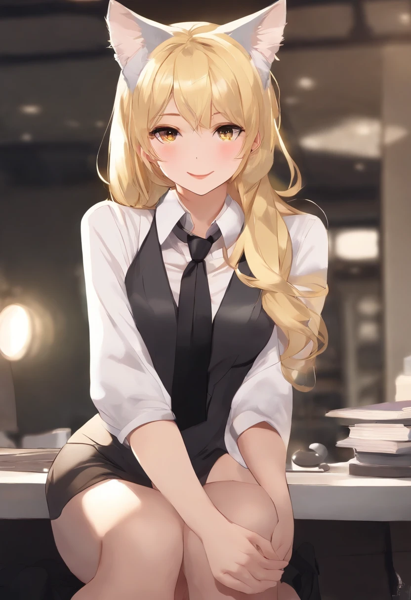 nsfw, masterpiece, (best quality:1.2), (sharp focus:1.2),, 1 girl, slim girl,, (blonde|light_yellow hair), cat ears,, detailed face, young|cute face, blush, evil smile,, natural breasts, thin arms,, white collared shirt with black tie, black choker,, in a modern office, indoor