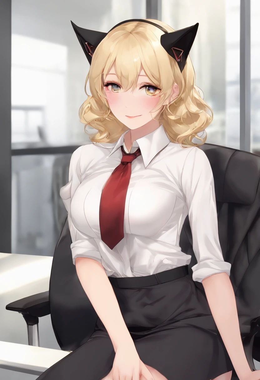 nsfw, masterpiece, (best quality:1.2), (sharp focus:1.2),, 1 girl, slim girl,, (blonde|light_yellow hair), cat ears,, detailed face, young|cute face, blush, evil smile,, natural breasts, thin arms,, white collared shirt with black tie, black choker,, in a modern office, indoor