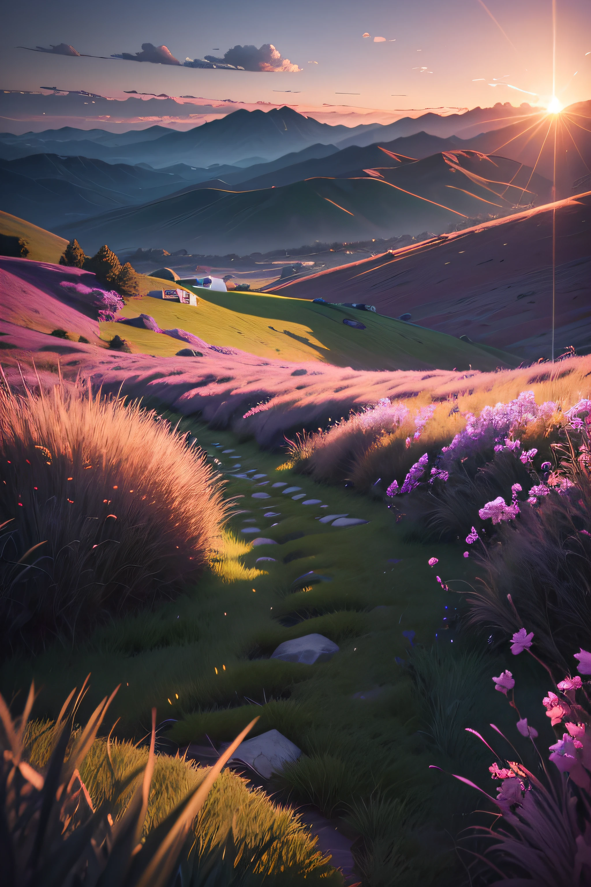 The hillside is covered with grass, Like the steppe，The lens shakes slightly，The sky will be black，the sunset，Sunset taillights appear purple sky，Grayish blue，Grayish pink，The long grass swayed with the slow rhythm of the wind，There was a man sitting quietly on the grass enjoying the wonderful scenery，first person perspective，Ultra-clear details，photography of + Bokeh +Surreal，surreal dream landscape, highly  detailed，Hyper-detailing，cinmatic lighting，Dream scenes,Dark，It's getting dark，nigth，4K分辨率，（Contrast ratio 6.3），（Color 7.3）（Darkness 9.6）