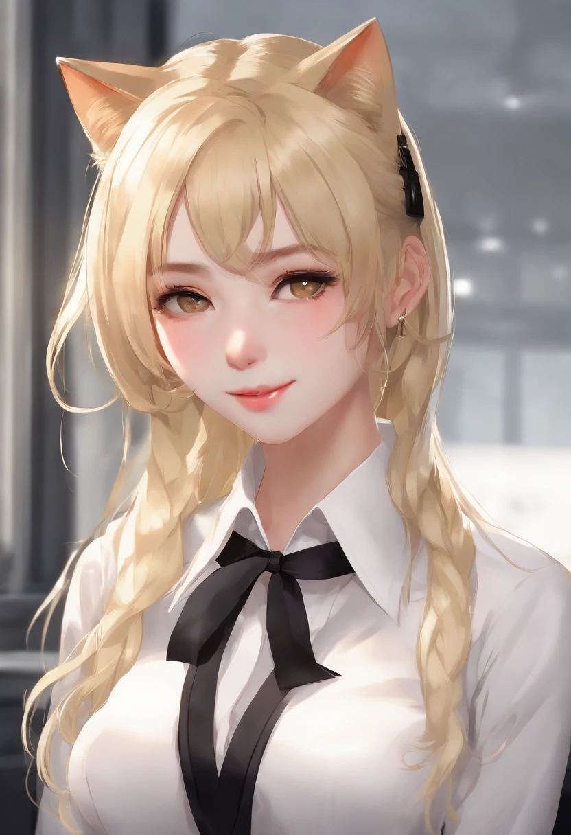 nsfw, masterpiece, (best quality:1.2), (sharp focus:1.2),, 1 girl, slim girl,, (blonde|light_yellow hair), cat ears,, detailed face, young|cute face, blush, evil smile,, natural breasts, thin arms,, white collared shirt with black tie, black choker,, in a modern office, indoor