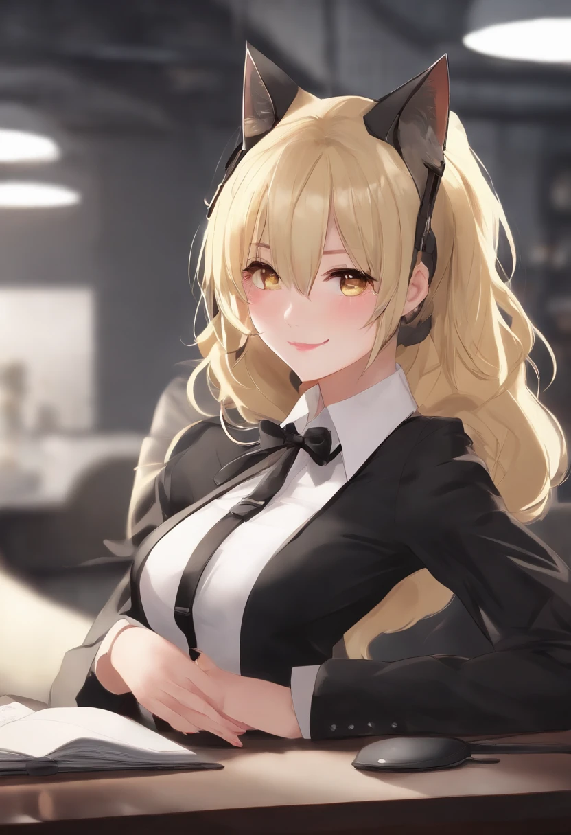 nsfw, masterpiece, (best quality:1.2), (sharp focus:1.2),, 1 girl, slim girl,, (blonde|light_yellow hair), cat ears,, detailed face, young|cute face, blush, evil smile,, natural breasts, thin arms,, white collared shirt with black tie, black choker,, in a modern office, indoor