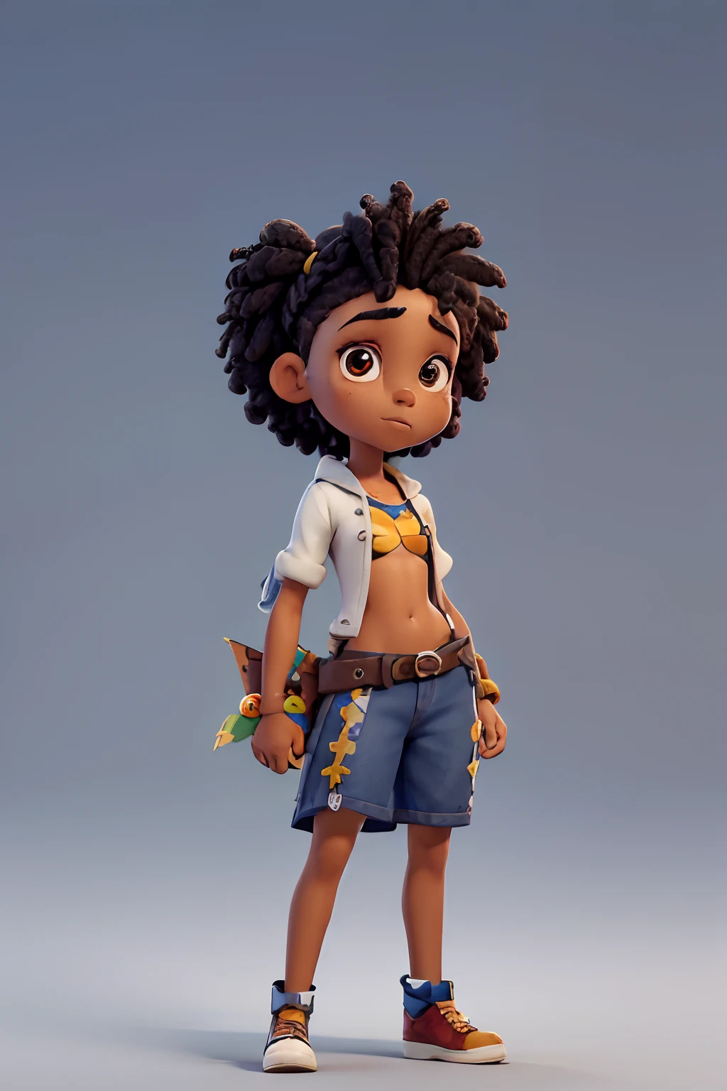 Create an image of a black ninja after an apocalypse in the future, afro cabelo caindo para frente, Rasta type but braided, corpo inteiro, vestindo um traje indiano ribulo africano corpo inteiro, A realistic 4K phoenix with blue feathers, dourado, cosmico , com uma Moreno, de cabelo afro cabelo caindo para frente, Rasta type but braided, Estilo Art Vista de Corpo Inteiro, plano completo, vista frontal, Vista lateral, vista traseira, de personagem, Multiple views and poses, various points of view, um personagem, corpo inteiro, personagem com menos, estilo de roupa, no mesmo Estilo de cabelo, less Type of footwear, strong full-body vision, plano completo, vista frontal, vista traseira, design de personagem, Multiple views and poses, various points of view, de um personagem, corpo inteiro,, personagem com mesmo, estilo de roupa, no mesmo Estilo de cabelo, same type of footwearThe route follows the cores of the Cape Verde flag. The top is deep blue, simbolizando o oceano que cerca as ilhas. The chest and the central part are white, representando a paz e a unidade do povo cabo-verdiano. The sleeves and legs are red, denoting determination and spirit, do 10 Estrelas Douradas, : Ten gold stars are prominently displayed at the top of the costume, ao longo do peito e ombros, representando as 10 principais ilhas de Cabo Verde. Cada estrela, It is carefully detailed and shines brightly against the background Star Belt A wide belt, also golden, is used in Tribal Details, O traje incorpora elementos tribais discretos em seu design, referencing the cultural heritage of Cape Verde