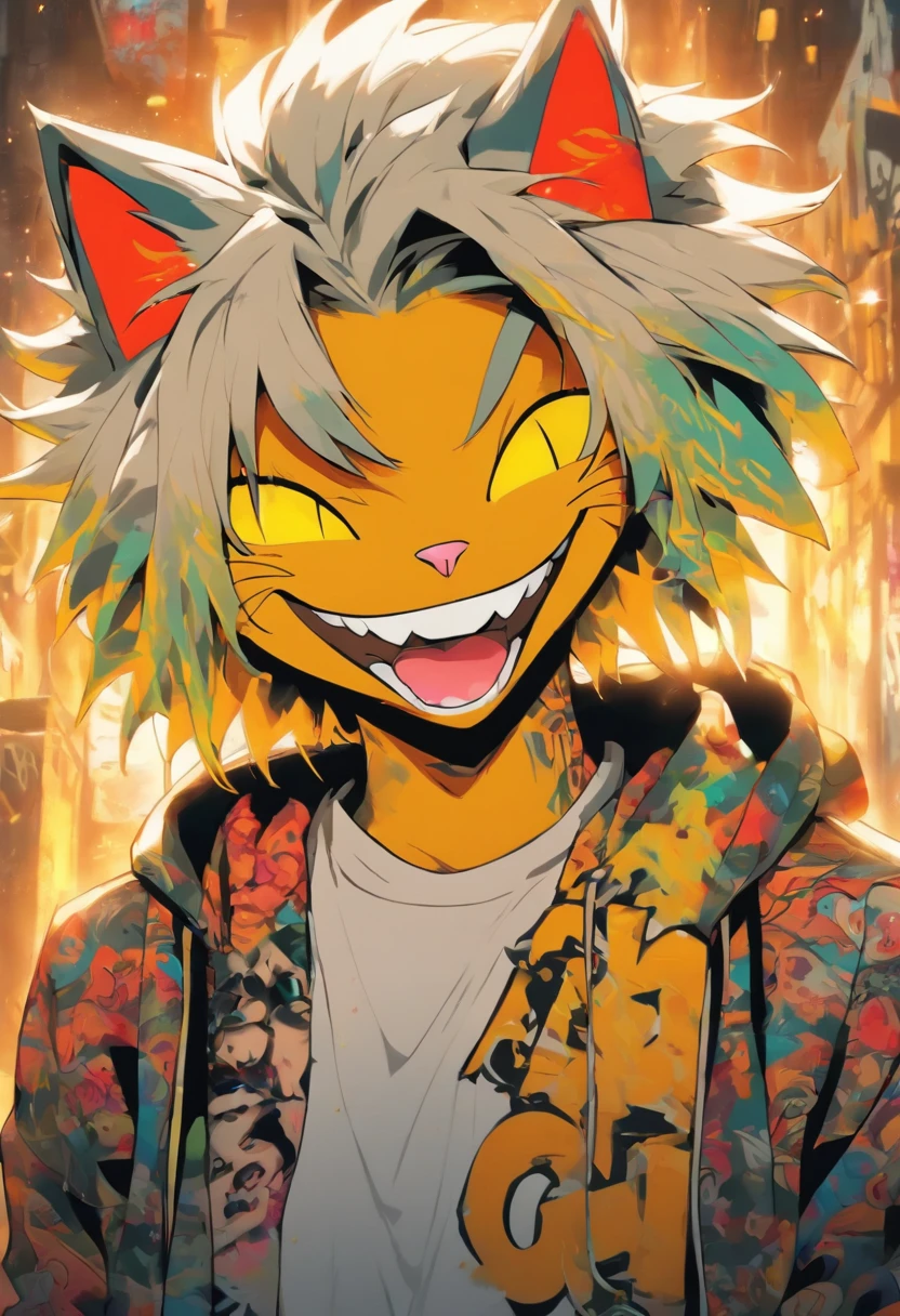 A cool and trendy smiling cat, white hair, yellow eyes, wearing trendy hip hop clothing, wearing a hoodie, graphic t-shirt and torn jeans, tons of tattoos and piercings, graffiti style background, highly detailed background, perfect masterpiece, high quality, high resolution
