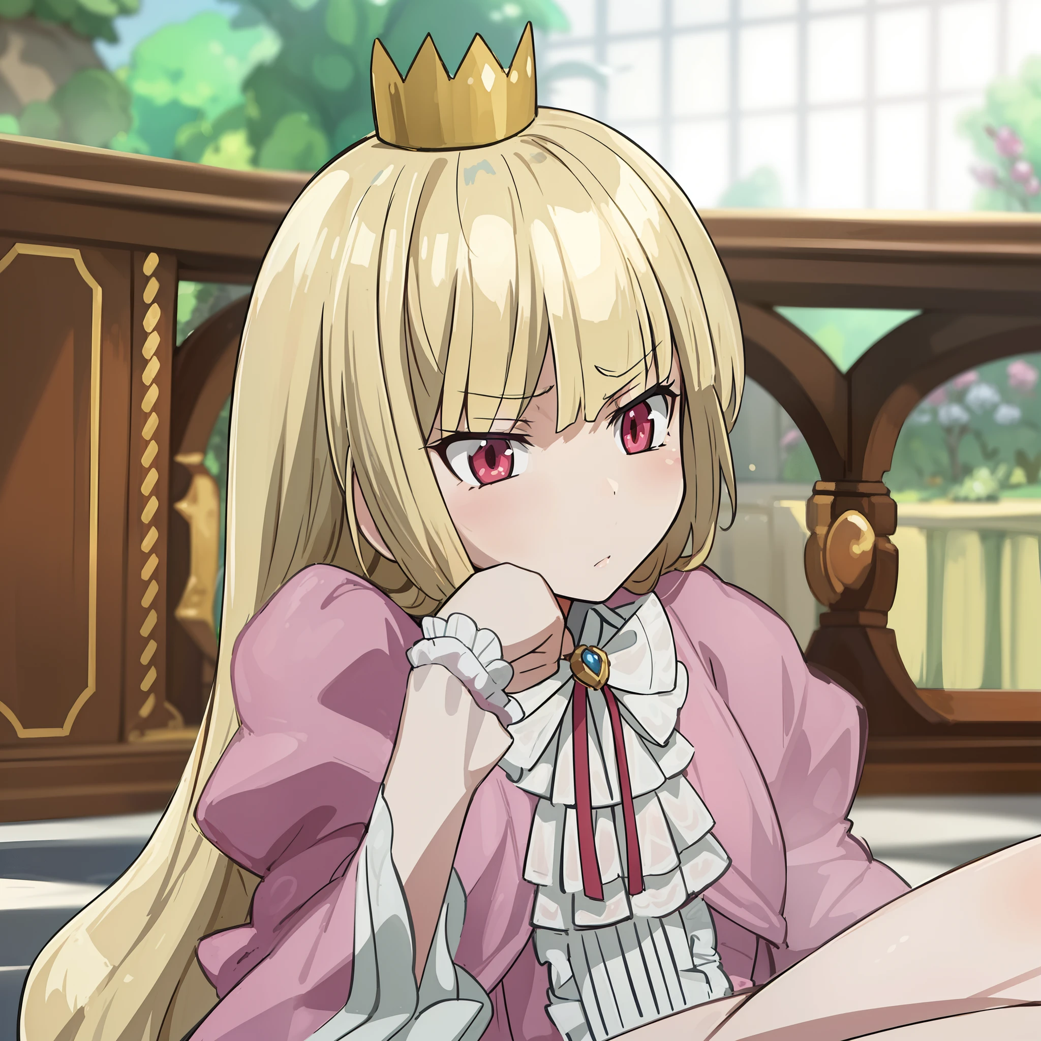 hiquality, tmasterpiece (one girls) Princess. loli. Pink Dress. red-eyes. Sullen face. angry. hand on cheek. blonde woman. golden crown. Against the backdrop of the Garden Palace.