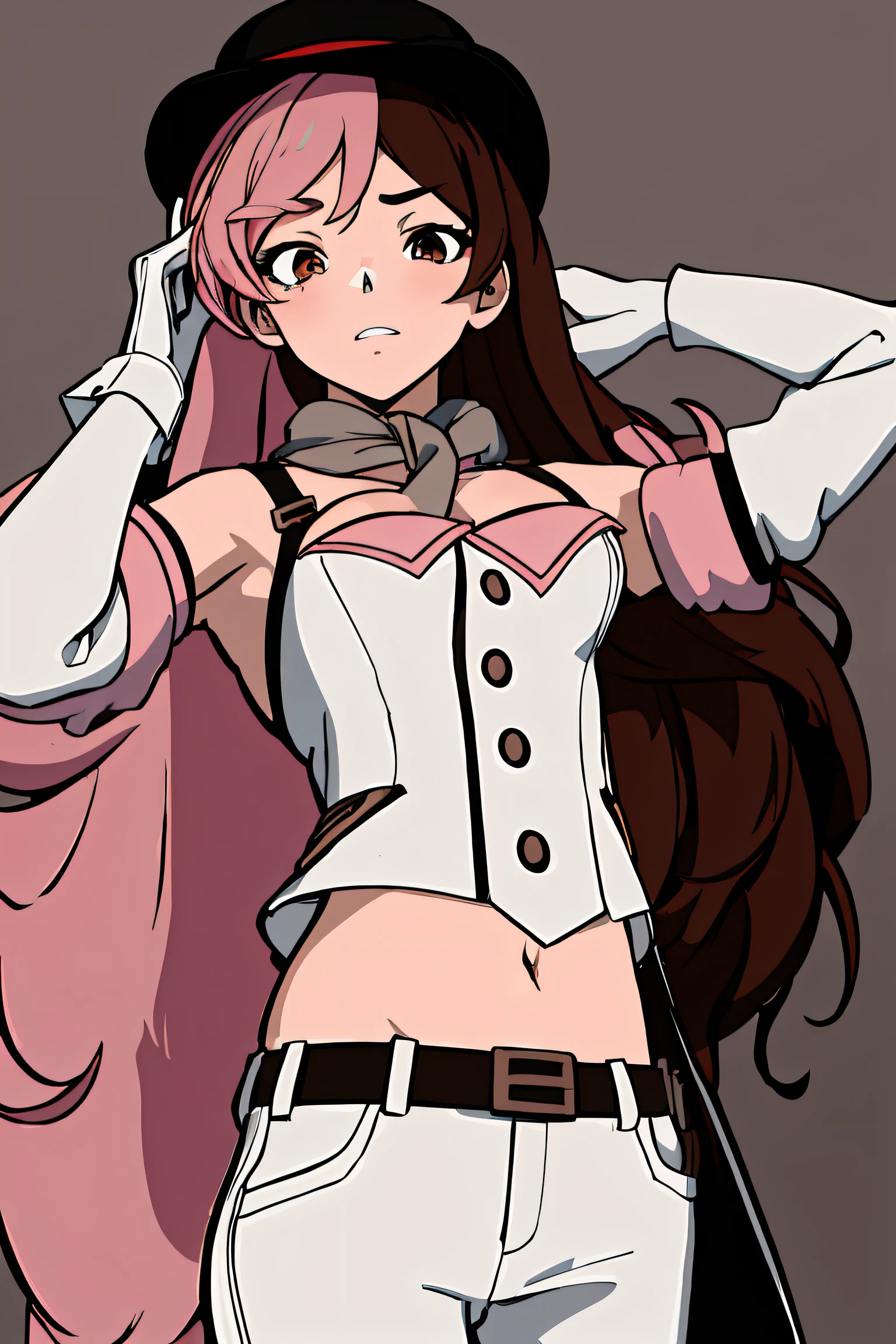 (absurdres, 8k, 4k, masterpiece, hyper extreme detailed:1.2), ((masterpiece,best quality)), absurdres, anime character, girl, female, neopolitan, long hair, brown hair, (brown eyes:1.3), pink hair, multicolored hair, pink eyes, two-tone hair, (heterochromia:1.2), split-color hair, gloves, hat, navel, brown eyes, detached sleeves, midriff, belt, pants, white gloves, black headwear, bowler hat,