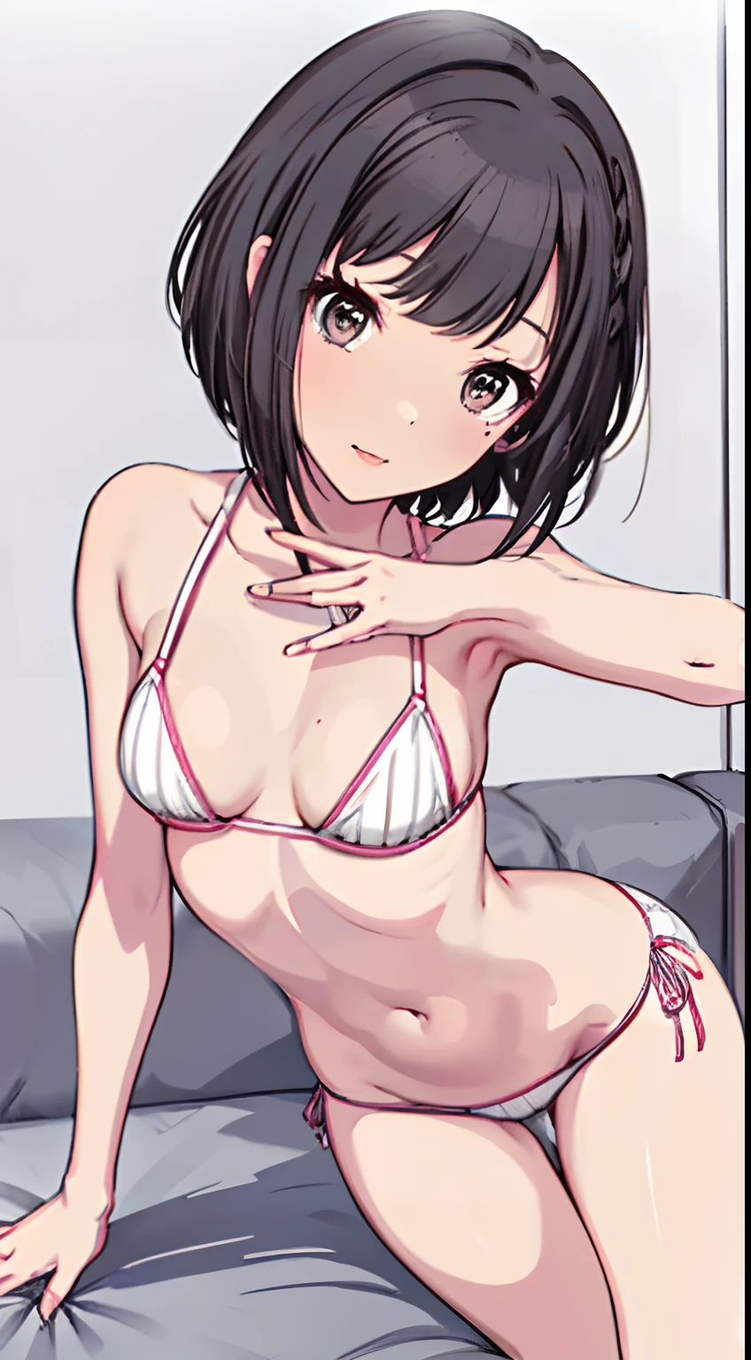 (String bikini　bending forward　Gravure Pose　on the beds　An ultra-high picture quality　clear outlines　Beautiful face)  thin-waist　A slender　ribbed　skinny limbs　beautidful eyes　teats　cleavage of the breast　Beautiful breasts　a short bob　A smile　Beautiful fingertips　5 fingers