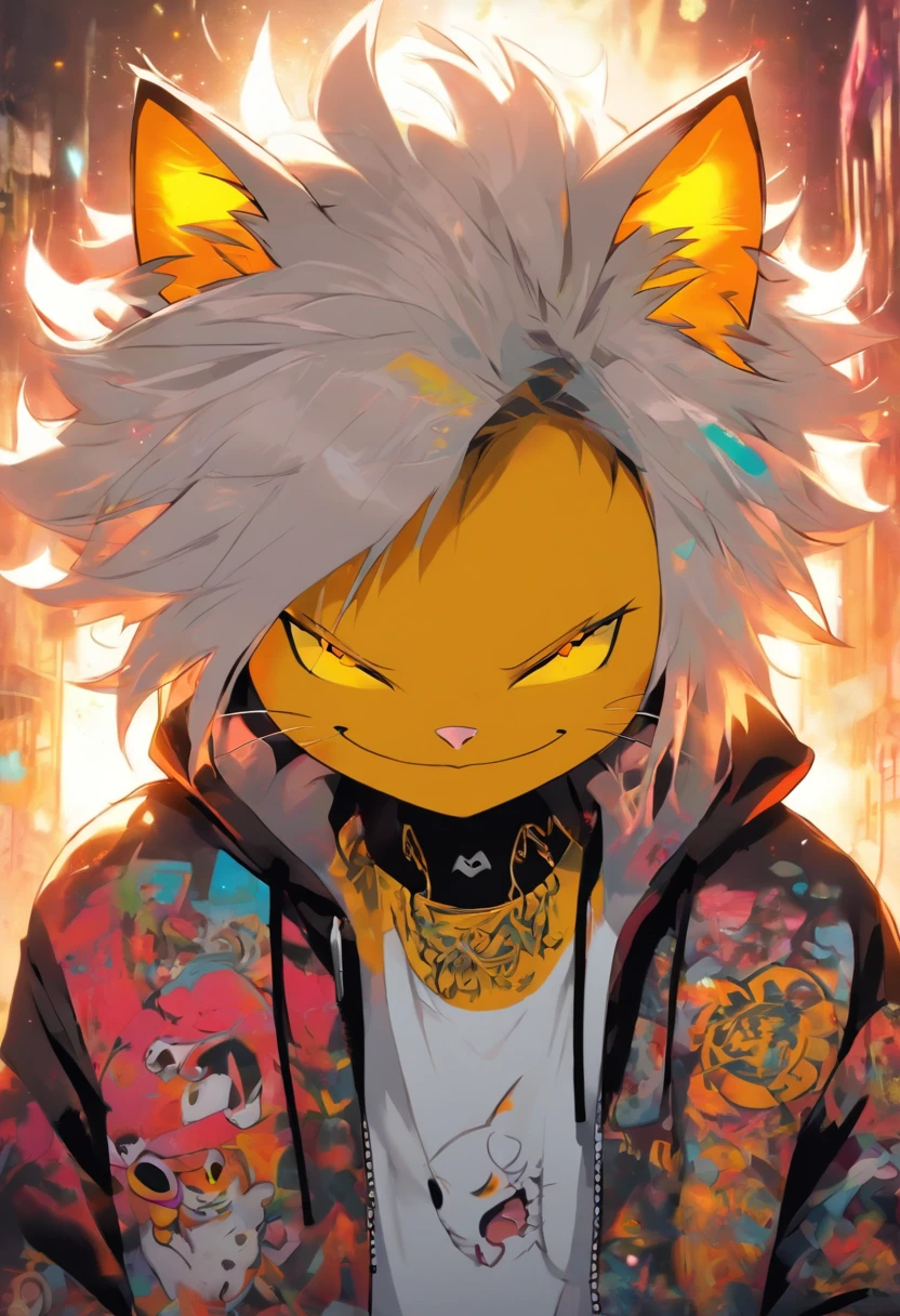 A cool and trendy smiling cat, white hair, yellow eyes, wearing trendy hip hop clothing, wearing a hoodie, graphic t-shirt and torn jeans, tons of tattoos and piercings, graffiti style background, highly detailed background, perfect masterpiece, high quality, high resolution