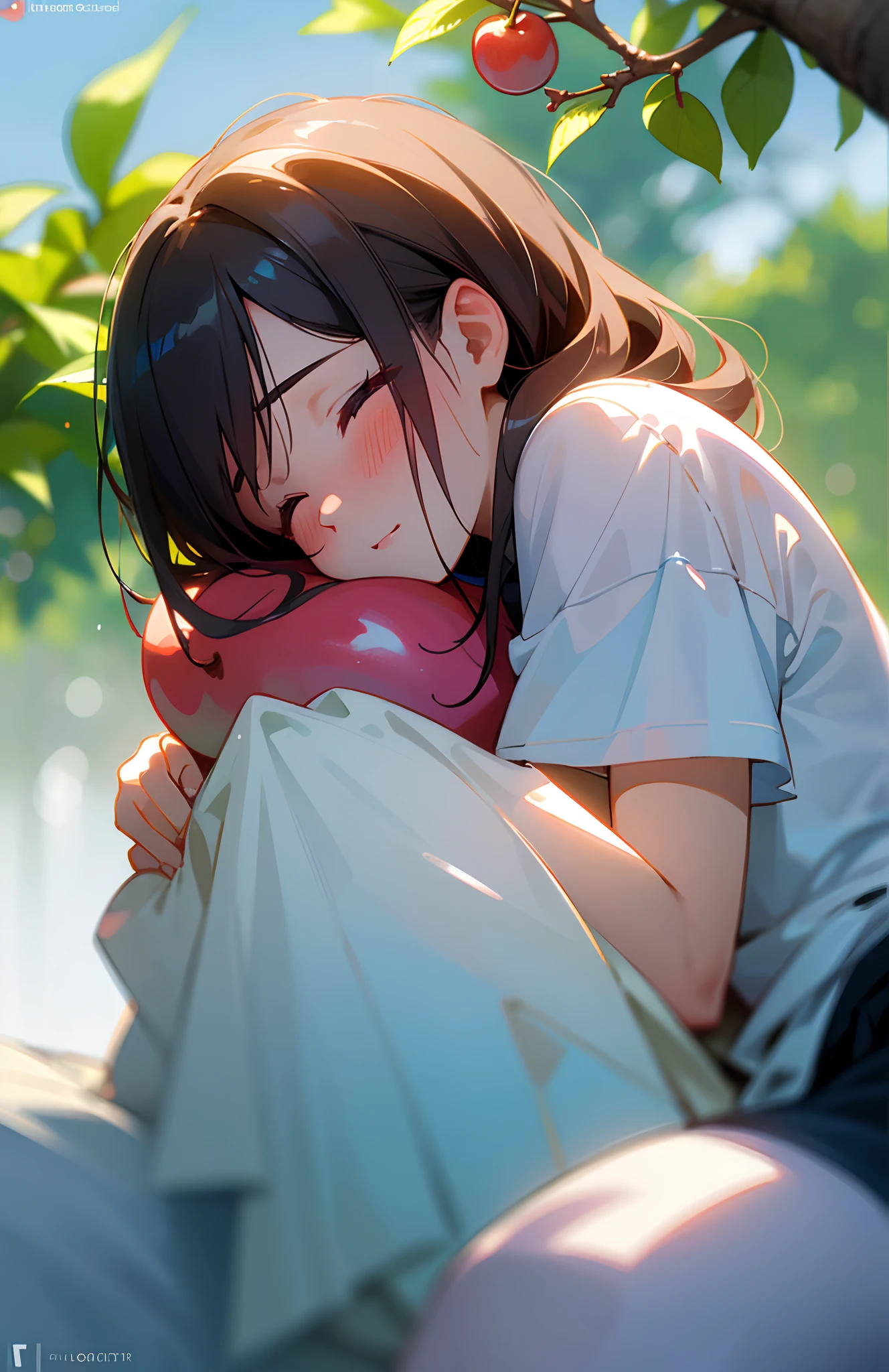 Wallpapers, poster, fruit, (several fresh cherries), moist, summer, blue sky, white clouds, HD Detail, Moist Watermark, Ultra Detail, Movie, Hyper Realism, Soft Light, Deep Focus Bokeh, Ray Tracing, --niji 5. Sweet couple, boy and girl, softly cuddling, blushing, in love