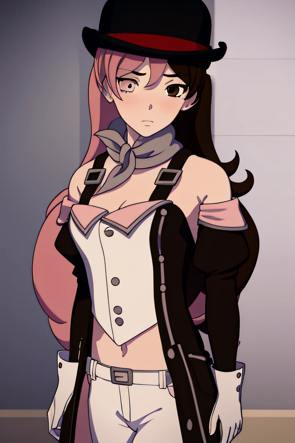 neopolitan, neopolitan, long hair, brown hair, (brown eyes:1.3), pink hair, multicolored hair, pink eyes, two-tone hair, (heterochromia:1.2), split-color hair,
BREAK gloves, hat, navel, brown eyes, detached sleeves, midriff, belt, pants, white gloves, black headwear, bowler hat,
BREAK looking at viewer,
BREAK outdoors,
BREAK (masterpiece:1.2), best quality, high resolution, unity 8k wallpaper, (illustration:0.8), (beautiful detailed eyes:1.6), extremely detailed face, perfect lighting, extremely detailed CG, (perfect hands, perfect anatomy),