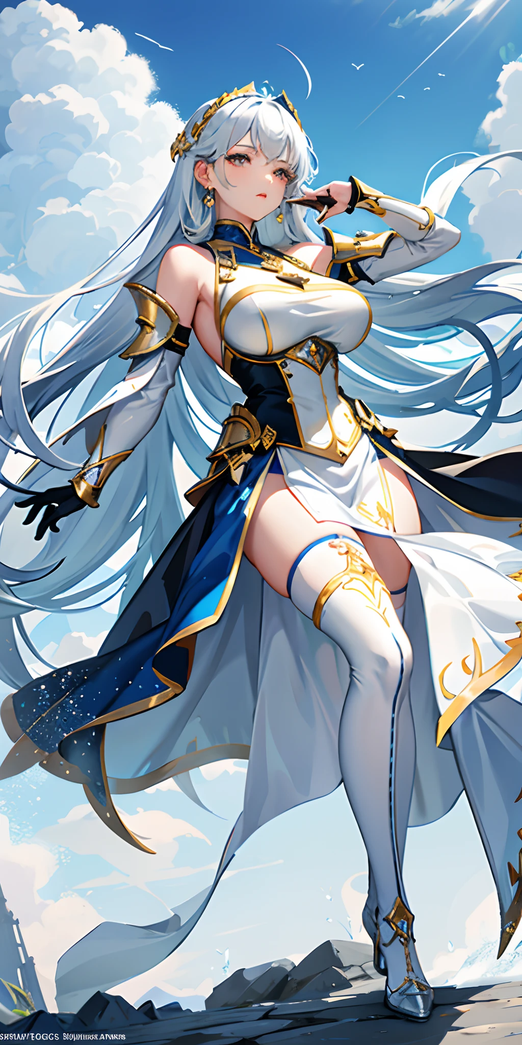 (masterpiece), (best quality), (ultra detailed face), beautiful face, perfect face, slim waist, stunning figure, one girl, long hair, (white hair with blue accent hair), ((long right bang)), ((asymmetrical hair)), blue eyes, white sleeves, white skirt, (((black stockings))), blue sky, clouds, on top of a ruin, (extremely high details), (((long blue dress))), knightly attire, warrioress, fire control, water control, (shining eyes), (fantasy breastplate), (fantasy breast armor), light armor, (bare shoulders), standing, battle mage concept, untied hair, ((blue and white dress with gold accents)), ornamental wrist armor, big breasts, sun on horizon, daytime, fierce pose, battle ready pose, magic chanting pose, blue magic circle, earrings