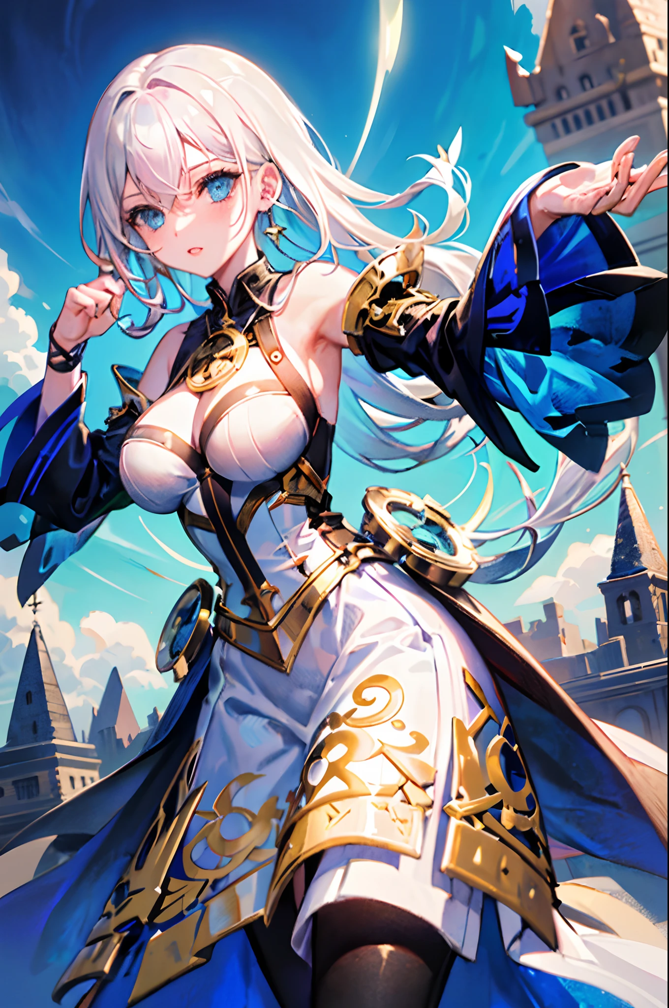 (best quality:1.3),(masterpiece:1.1),(illustration:1.2),(ultra-detailed:1.2),beautiful detailed eyes,(Extremely detailed background:1.1),castle on the distant mountain, daytime, blue sky, clouds, sun over horizon, ruins
(1girl:1.3),(solo:1.3),(white hair with blue accent),(long hair:1.1),black stocking,(blue and white accented long dress),breast armor,ornamental wrist armor,white sleeves,knight attire,warrioress,gold patterns,shining blue eyes,earrings,bare shoulders,blue colored magic circle,big breast,battle ready pose,magic chanting pose,fierce pose