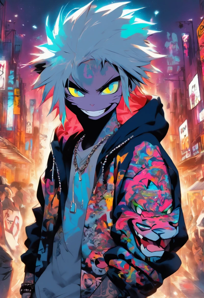 A cool and trendy smiling cat, white hair, blue eyes, wearing trendy hip hop clothing, wearing a hoodie, graphic t-shirt and torn jeans, tons of tattoos and piercings, graffiti style background, highly detailed background, perfect masterpiece, high quality, high resolution