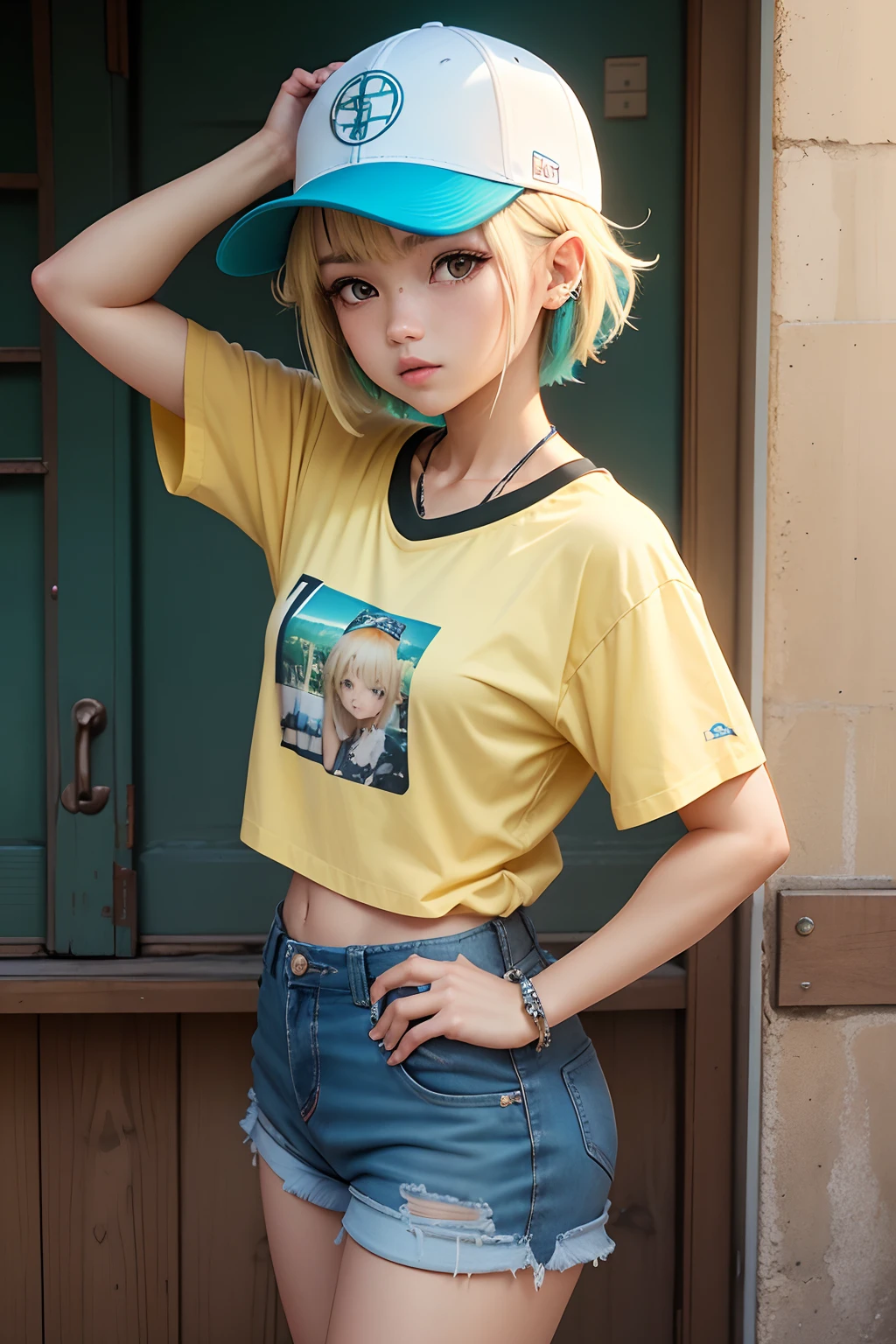 Nomura Tetsuya, master part, best quality, 1girl, aqua eyes, baseball cap, blonde hair, boca fechada, Brincos, fundo verde, kalap, brincos de argola, jewelries, Olhando para o Viewer, camisa, short hair, fundo simples, sozinho, parte superior do corpo, camisa amarela