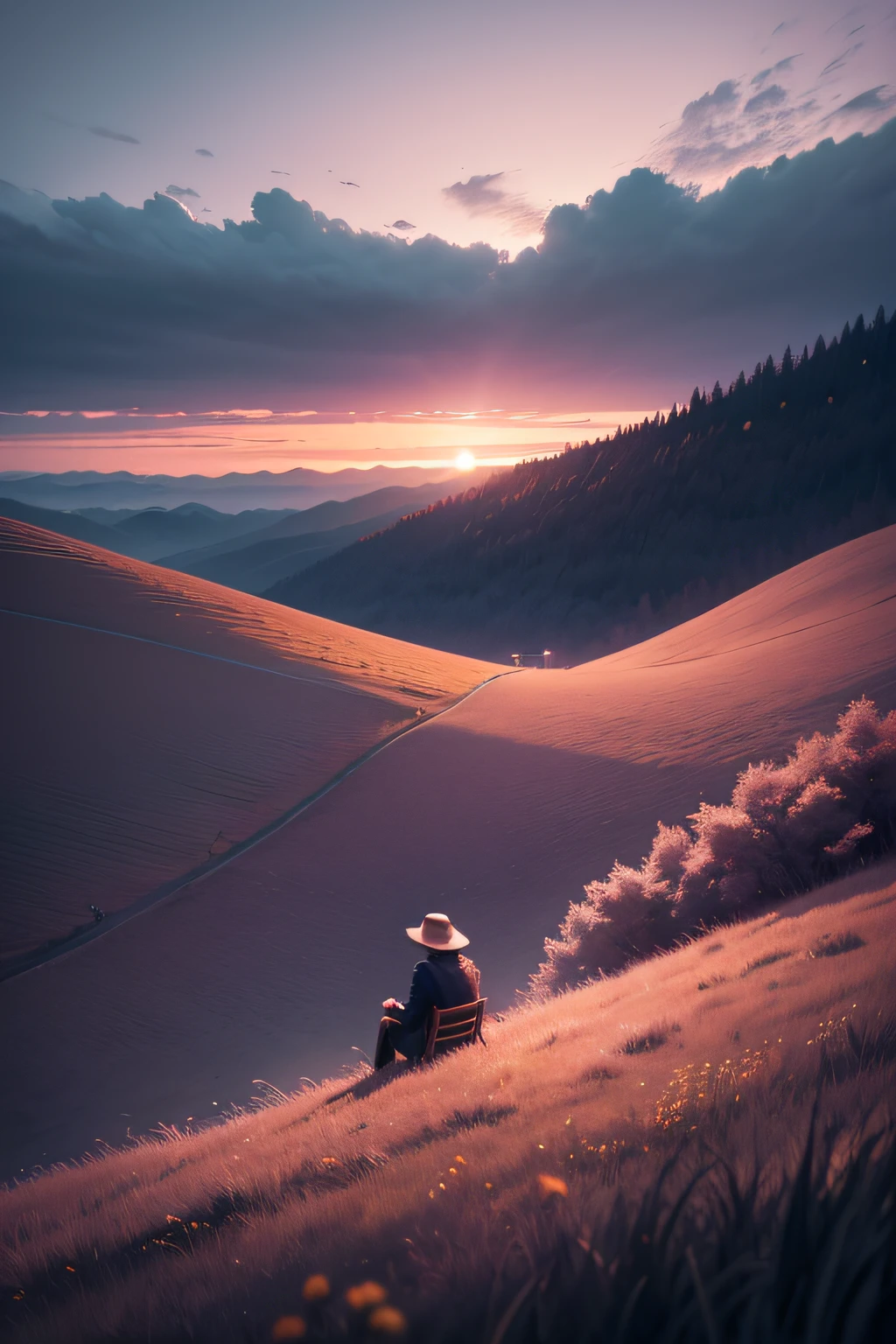 The hillside is covered with grass, Like the steppe,The lens shakes slightly,The sky will be black,the sunset,Sunset taillights appear purple sky,Grayish blue,Grayish pink,The long grass swayed with the slow rhythm of the wind,There was a man sitting quietly on the grass enjoying the wonderful scenery,first person perspective,Ultra-clear details,photography of + Bokeh +Surreal,surreal dream landscape, highly detailed,Hyper-detailing,cinmatic lighting,Dream scenes,Dark,It's getting dark,nigth,4K分辨率,(Contrast ratio 6.3),(Color 7.3)