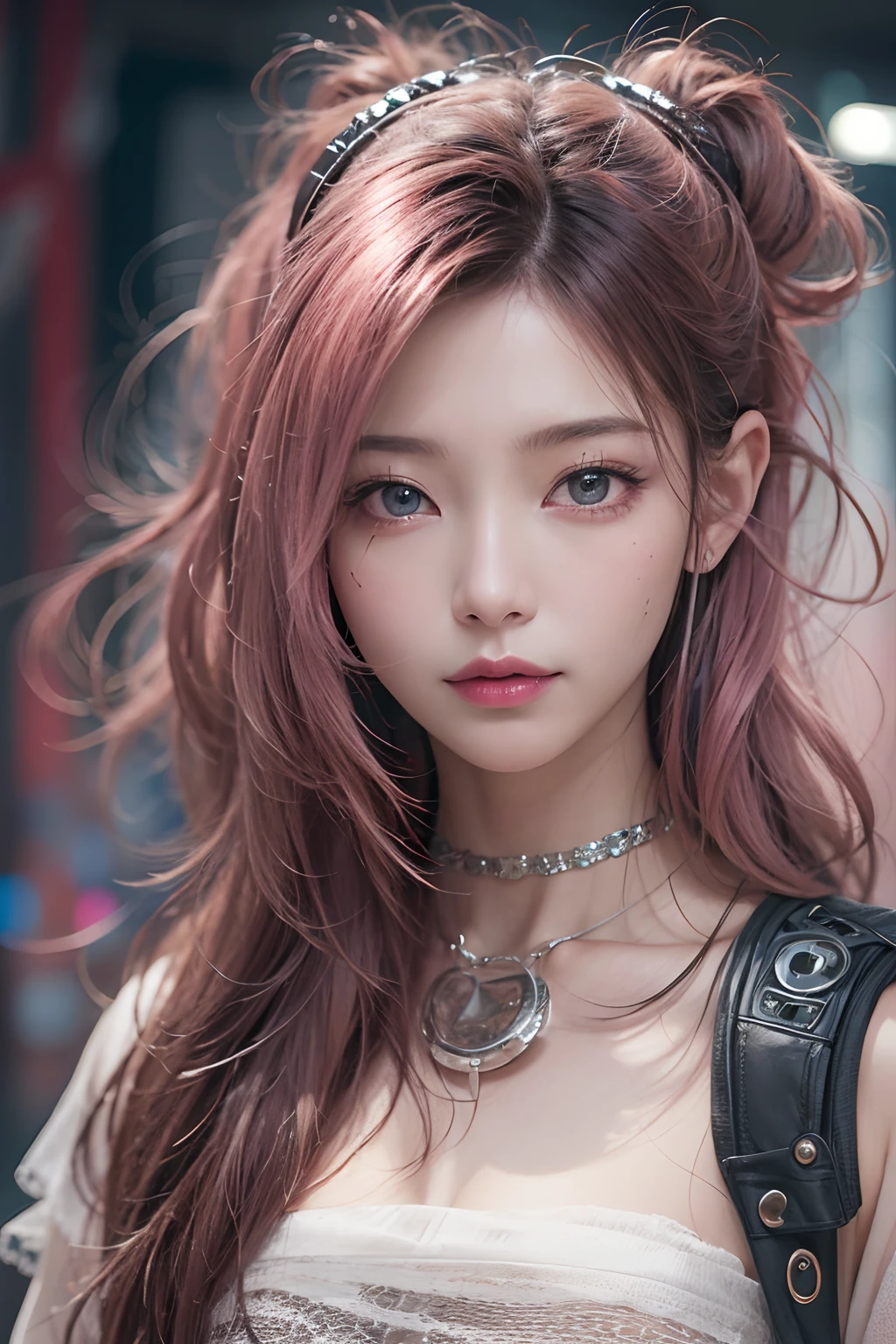 masterpiece, 1 beautiful girl, Detailed eye, Swollen eyes, top-quality, 超A high resolution, (reality: 1.4), 电影灯光, japanes, a asian beauty, very extremely beautiful, Beautiful skins, A slender, Forward-facing body, gazing at viewer、(A hyper-realistic), (hight resolution), (8K), (ighly detailed), ( Best Illustration), (beautifully detailed eyes), (ultra-detailliert), 详细的脸, Bright lighting, Professional Lighting、The background is a cyberpunk room with a large number of monitors..、Hair color is pink twin tails、、headset on head、Moles under the eyes、Plump and glossy lips、Heart-shaped choker、Female Game Commentator
