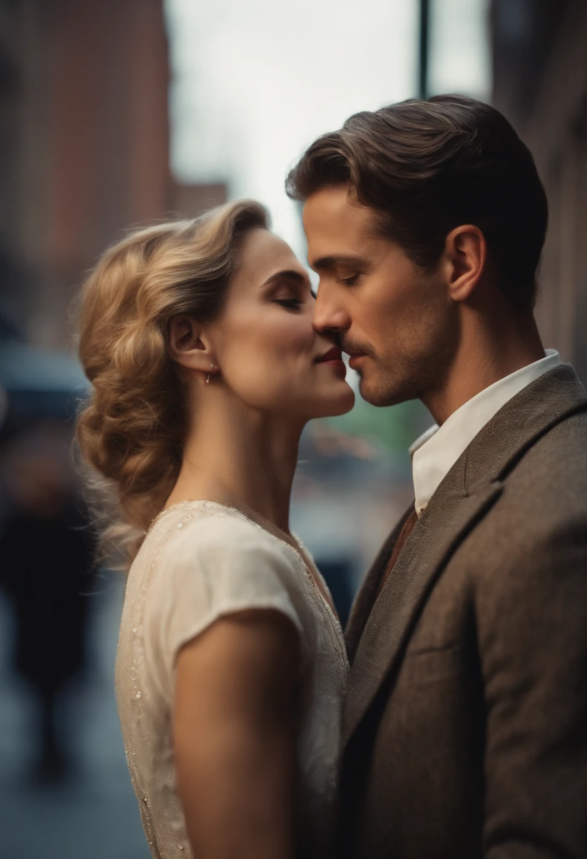 A rich tall handsome rugged white man and a mixed-race woman look into each others eyes, they almost kiss, a romantic movie poster set in the early 1900s in new york city, bokeh and a blurry background