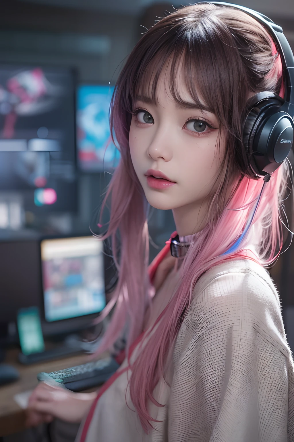 ​masterpiece, 1 beautiful girl, Detailed eye, Swollen eyes, top-quality, 超A high resolution, (reality: 1.4), 电影灯光, japanes, a asian beauty, very extremely beautiful, Beautiful skins, A slender, Forward-facing body, gazing at viewer、(A hyper-realistic), (hight resolution), (8K), (ighly detailed), ( Best Illustration), (beautifully detailed eyes), (ultra-detailliert), 详细的脸, Bright lighting, Professional Lighting、The background is a cyberpunk room with a large number of monitors..、Hair color is pink twin tails、、headset on head、Moles under the eyes、Plump and glossy lips、Heart-shaped choker、Female Game Commentator