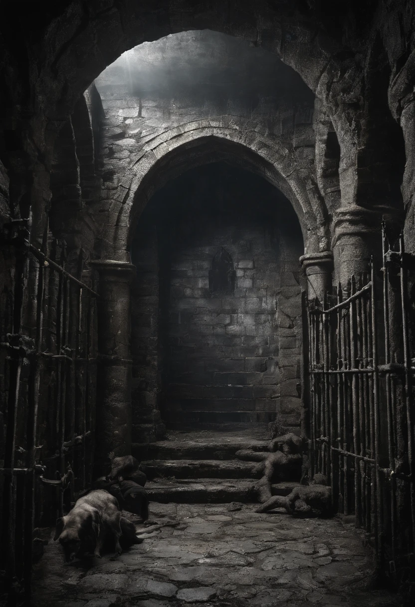 ((stone chambers underground with iron metal prison cells)), wet walls, leaking walls, (((elves, dogs, and ogres))), skelton