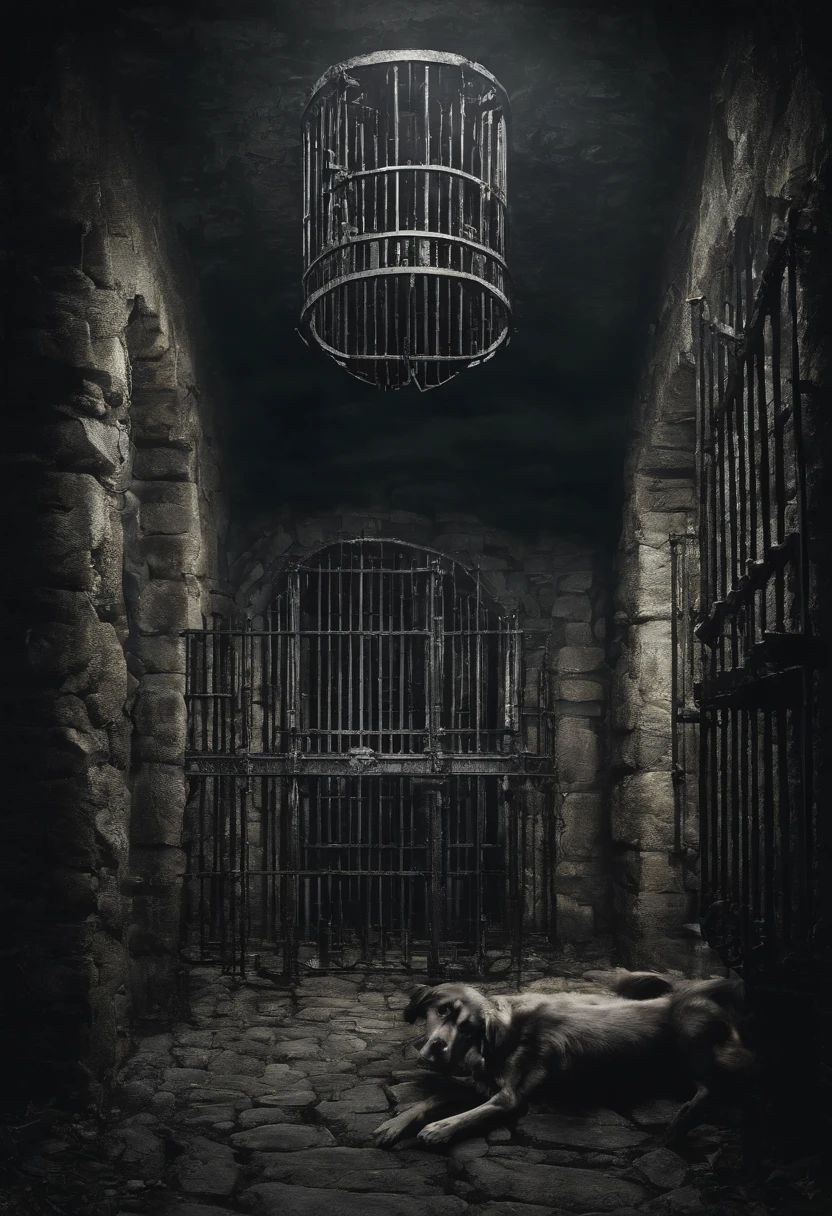 ((stone chambers underground with iron metal prison cells)), wet walls, leaking walls, (((elves, dogs, and ogres))), skelton