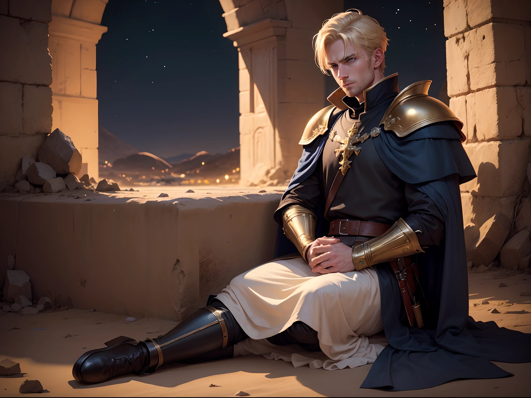 realistic 8k image of a blond man, 30 years old, short hair, strong, extremely detailed blue eyes, square chin, dressed in black cleric clothes and golden shoulder pads, exhausted expression, sitting in the small nighttime ruins of a sandy desert, night scenery