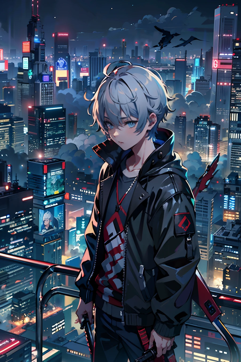1boy,(a 13 yo boy:1.5)、Anime-style protagonist、Cyberpunk Boy、Black attire、silber hair、katanas,machine gun、Whole body bloody、Overhead view of the composition、The beginning of the adventure、Lots of clouds,heavy fog、Moon,Chaotic city of the future、dystopian、Dim lighting、Chaotic、Beautiful and fantastic scenery、Cinematic scenery、hightquality、masutepiece,in 8K、hight resolution、