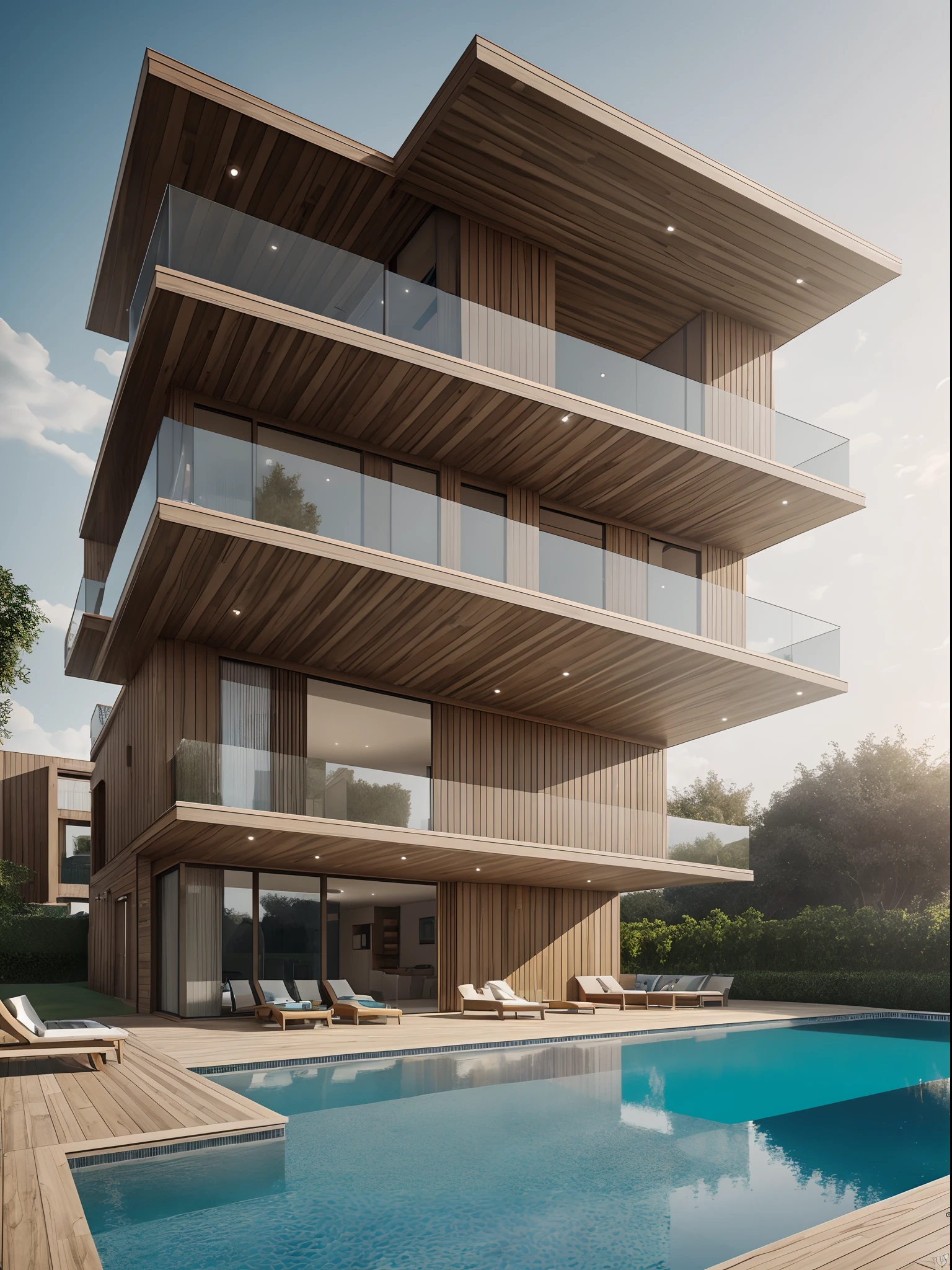 Realistic photo of innocense residential wooden by Zaha Hadid design ::1.6 With pools and gardens. crease surface, sinuous. Cinematic, Photography, Ultra - Wide Angleб hyper - detailed, insane details, intricate details, beautifully color graded, Unreal Engine ::1