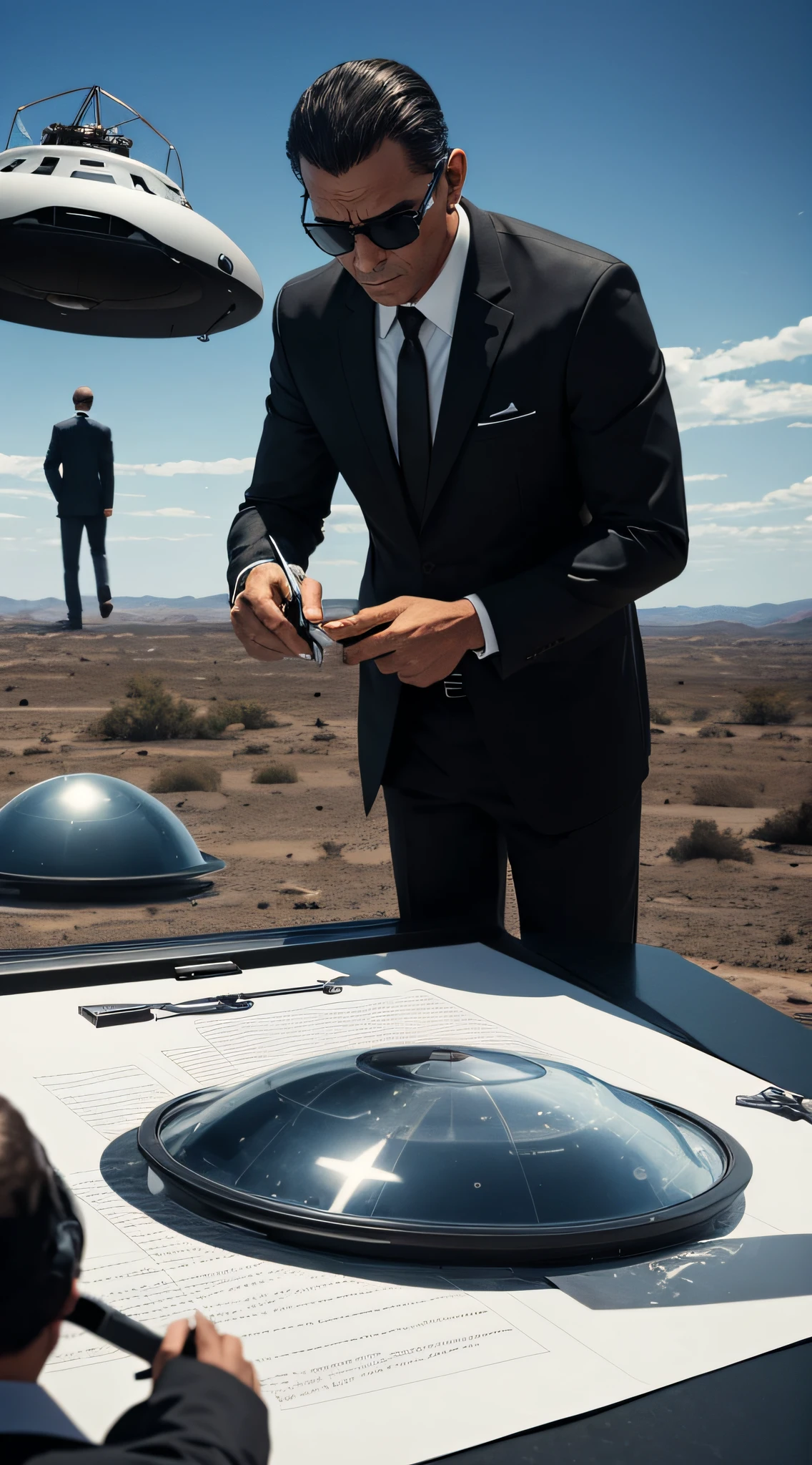Men in Black erasing evidence of a UFO crash.