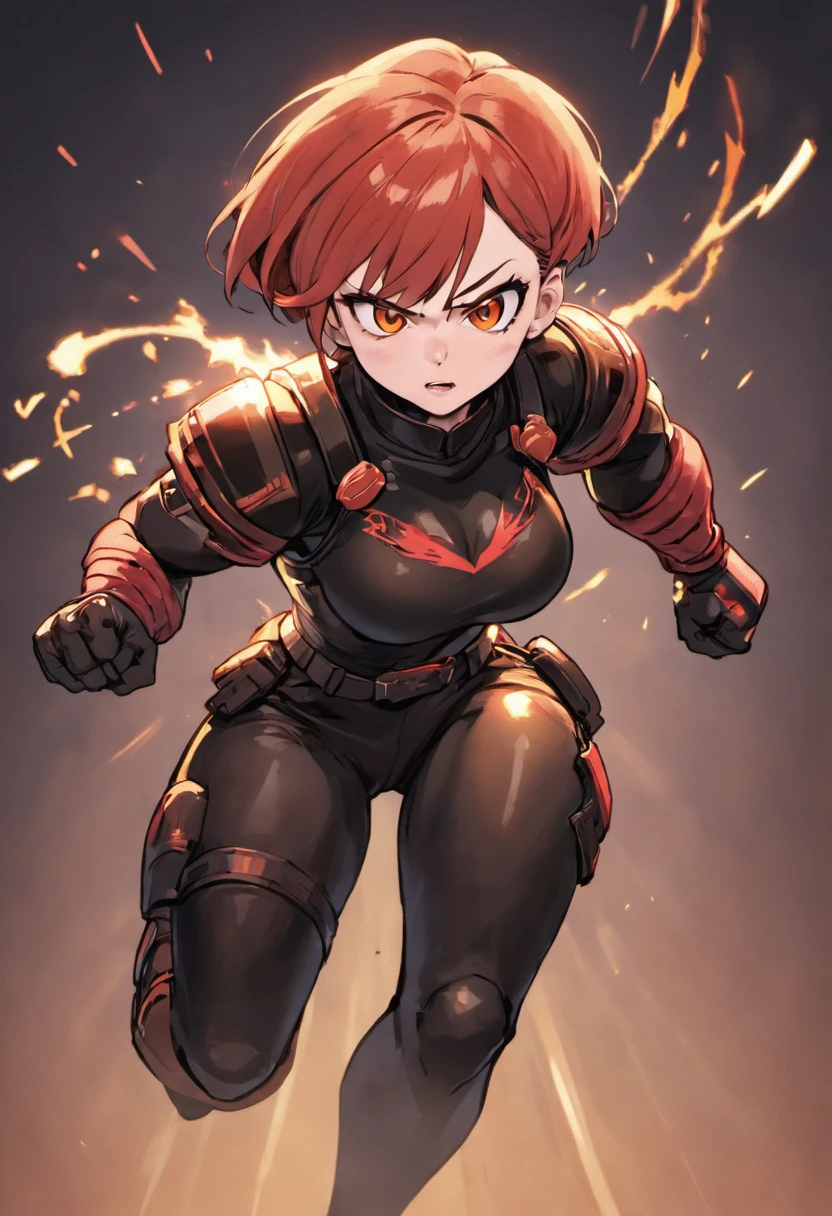 1girl,solo,super detailed skin,shiny skin,wet skin,expressionless ,open mouth,Clenching teeth,eyelashes,lips gloss,red hair,bob hair,short hair ,large breasts ,bodysuit ,ninja clothes,boots,fire punch,night ruins,masterpiece,best quality,ultra detailed,high resolution,sharp focus,depth of field