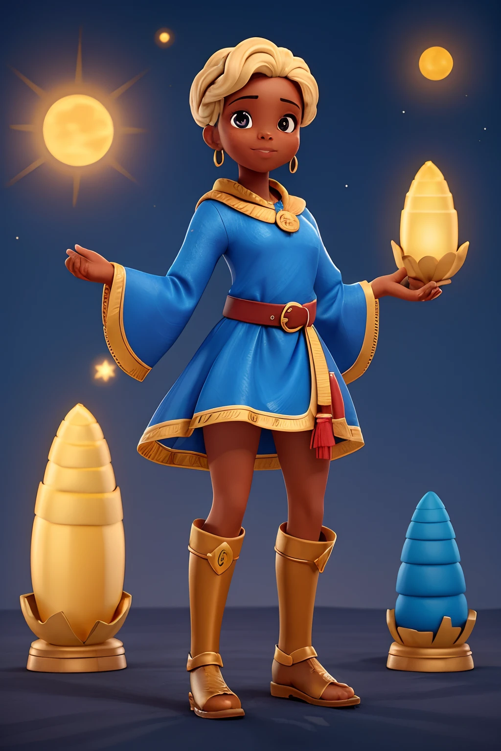 The route follows the nuclei of the flag of Cape Verde. The top is deep blue, simbolizando o oceano que cerca as ilhas. The chest and the central part are white, representando a paz e a unidade do povo cabo-verdiano. The sleeves and legs are red, denoting determination and spirit, do 10 Estrelas Douradas, : Ten gold stars are prominently displayed at the top of the costume, ao longo do peito e ombros, representando as 10 principais ilhas de Cabo Verde. Cada estrela, It is carefully detailed and shines brightly against the background Star Belt A wide belt, also golden, is used in Tribal Details, O traje incorpora elementos tribais discretos em seu design, referencing the cultural heritage of Cape Verde))