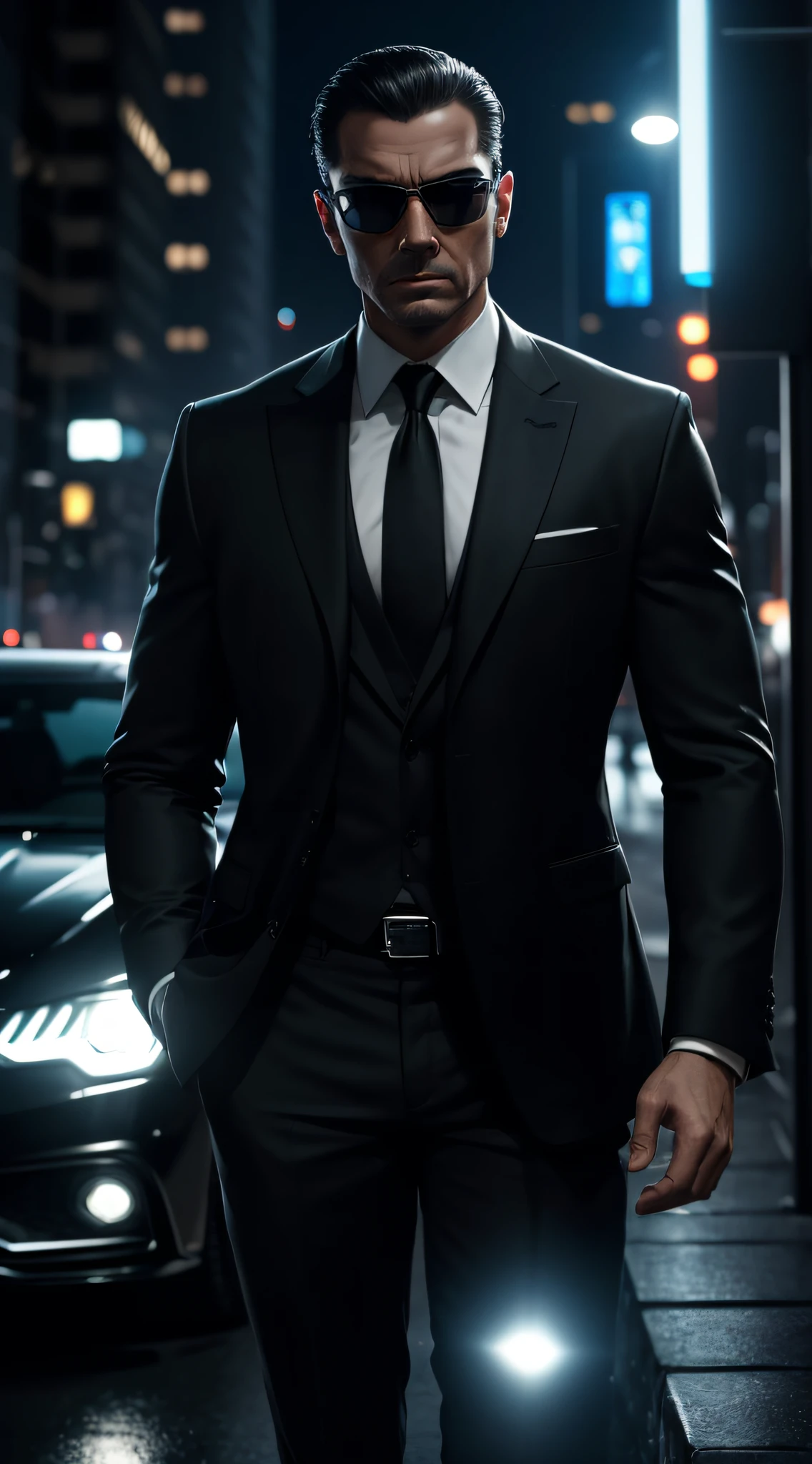 (best quality,ultra-detailed,realistic:1.37),HDR,UHD,studio lighting,highres,masterpiece:1.2,A Men in Black figure, dark car, surveilling witness,night scene,secret mission,dark atmosphere,detailed facial features,elegant suit,sunglasses,professional expression,intense gaze,gloomy lighting,sleek car design,mysterious background,shadows and reflections,tense ambiance,nighttime cityscape,imposing presence,sharp focus,discreet surveillance,subtle color palette,high contrast,menacing aura,detective-like,clandestine operations,confidential briefing,black suit and tie,unseen danger,mission critical,nighttime rendezvous,secretive agent,binary watch,hidden intentions,calculated moves,covert investigation