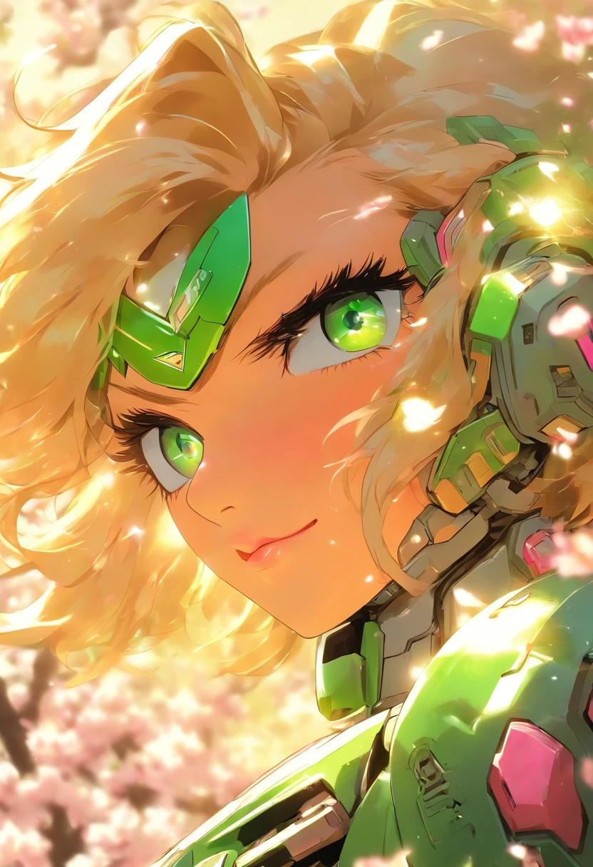The most beautiful and sexy girl inside of a futuristic transformer style mobile suit, blonde hair, green eyes, wearing a bomber jacket and goggles, highly detailed and incredibly futuristic mobile suit, cherry blossoms blowing in the wind, perfect masterpiece, high quality, high resolution