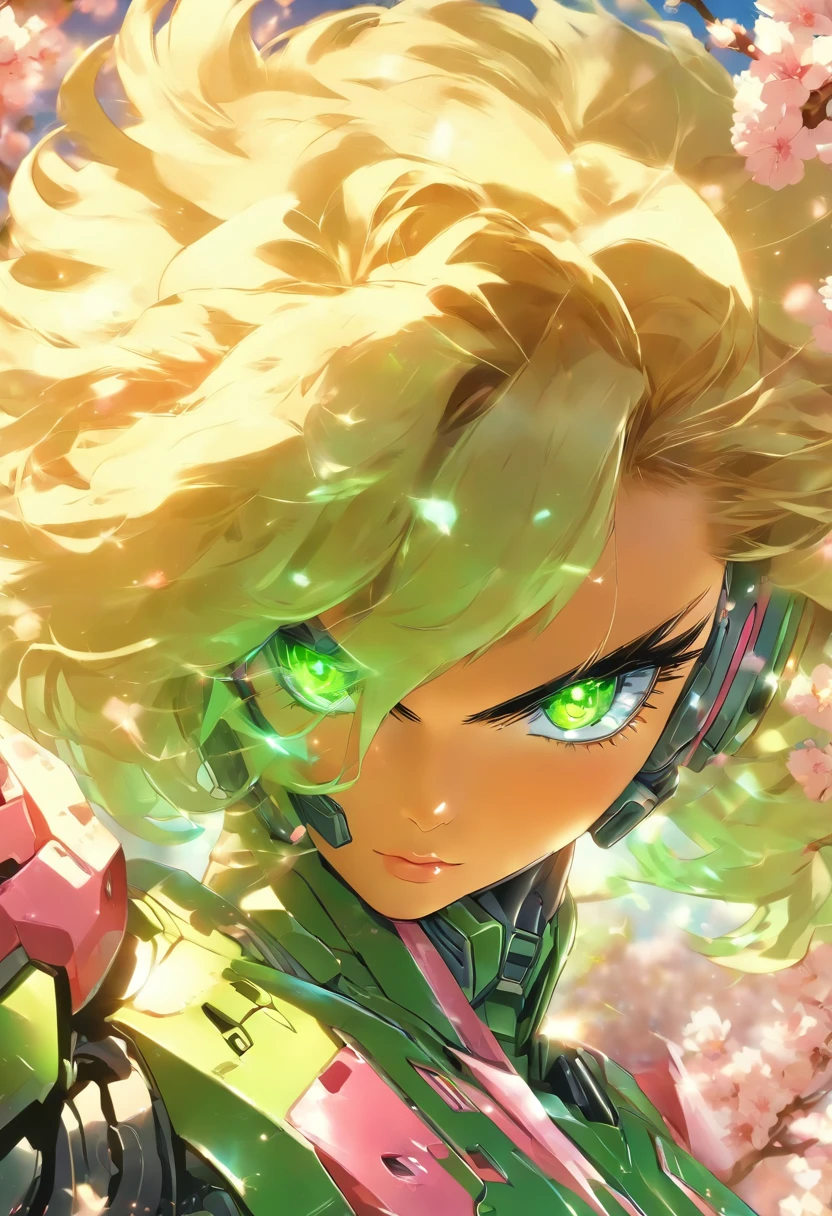 The most beautiful and sexy girl inside of a futuristic transformer style mobile suit, blonde hair, green eyes, wearing a bomber jacket and goggles, highly detailed and incredibly futuristic mobile suit, cherry blossoms blowing in the wind, perfect masterpiece, high quality, high resolution