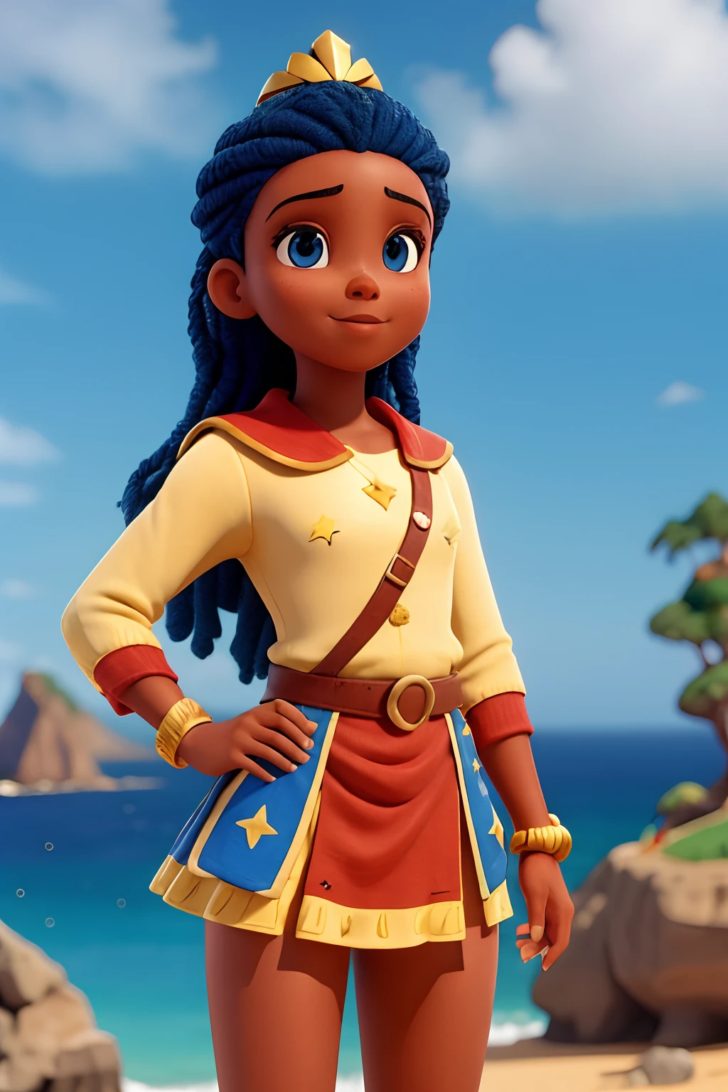 The route follows the nuclei of the flag of Cape Verde. The top is deep blue, simbolizando o oceano que cerca as ilhas. The chest and the central part are white, representando a paz e a unidade do povo cabo-verdiano. The sleeves and legs are red, denoting determination and spirit, do 10 Estrelas Douradas, : Ten gold stars are prominently displayed at the top of the costume, ao longo do peito e ombros, representando as 10 principais ilhas de Cabo Verde. Cada estrela, It is carefully detailed and shines brightly against the background Star Belt A wide belt, also golden, is used in Tribal Details, O traje incorpora elementos tribais discretos em seu design, referencing the cultural heritage of Cape Verde))