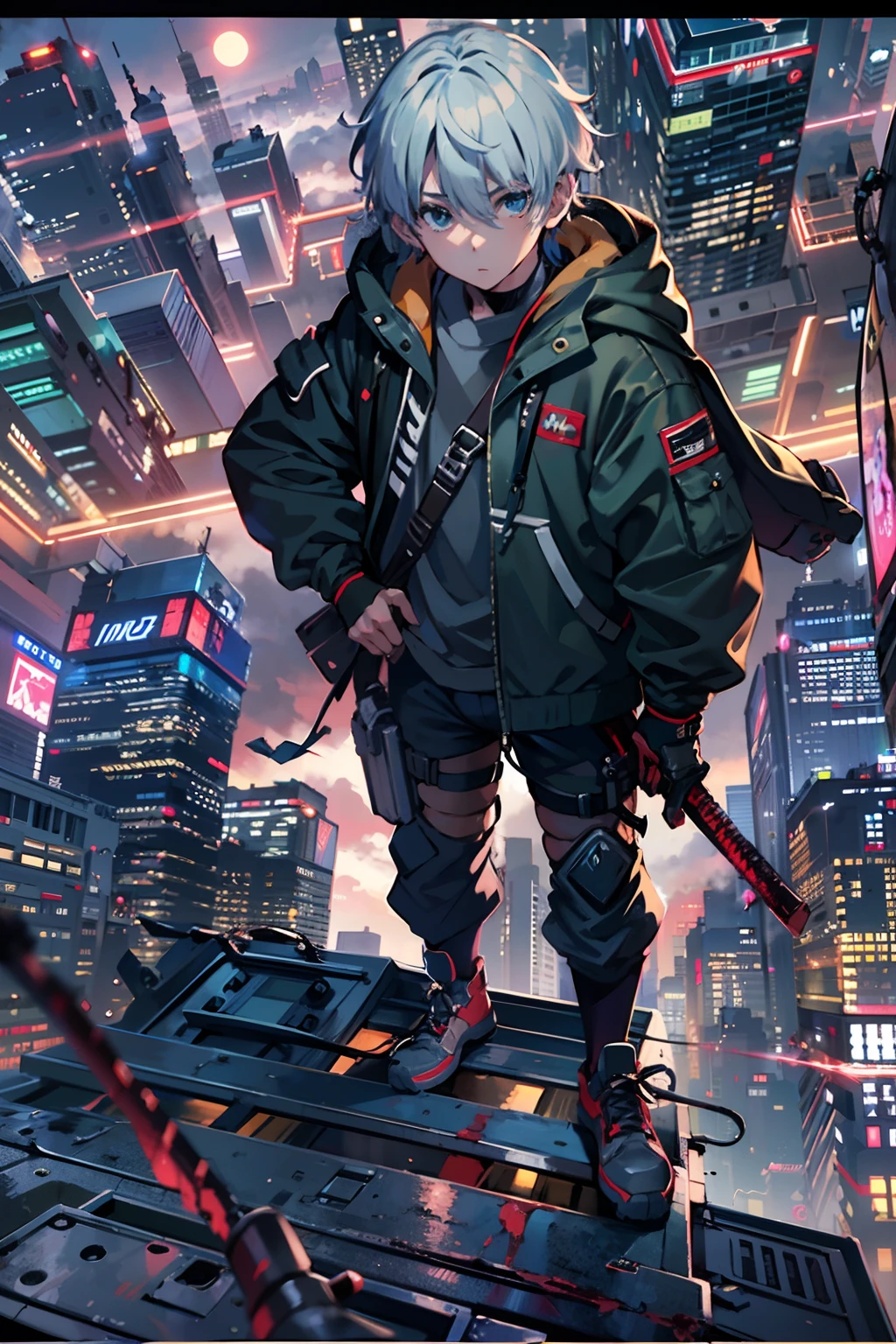 1boy,(a 13 yo boy:1.5)、Anime-style protagonist、Cyberpunk Boy、Black attire、silber hair、katanas,machine gun、Whole body bloody、Overhead view of the composition、The beginning of the adventure、Lots of clouds,heavy fog、Moon,Chaotic city of the future、dystopian、Dim lighting、Chaotic、Beautiful and fantastic scenery、Cinematic scenery、hightquality、masutepiece,in 8K、hight resolution、
