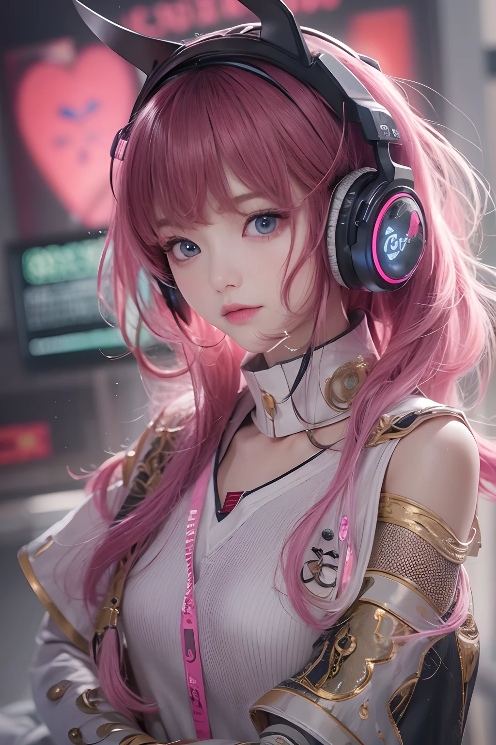 masterpiece, 1 beautiful girl, Detailed eye, Swollen eyes, top-quality, 超A high resolution, (reality: 1.4), 电影灯光, japanes, a asian beauty, very extremely beautiful, Beautiful skins, A slender, Forward-facing body, gazing at viewer、(A hyper-realistic), (hight resolution), (8K), (ighly detailed), ( Best Illustration), (beautifully detailed eyes), (ultra-detailliert), 详细的脸, Bright lighting, Professional Lighting、The background is a cyberpunk room with many monitors.、Hair color is pink twin tails、、headset on head、Moles under the eyes、Plump and lustrous lips、Heart-shaped choker、Female Game Commentator