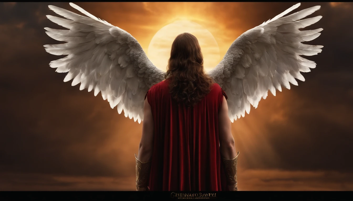 The angel stands with his back to the camera
